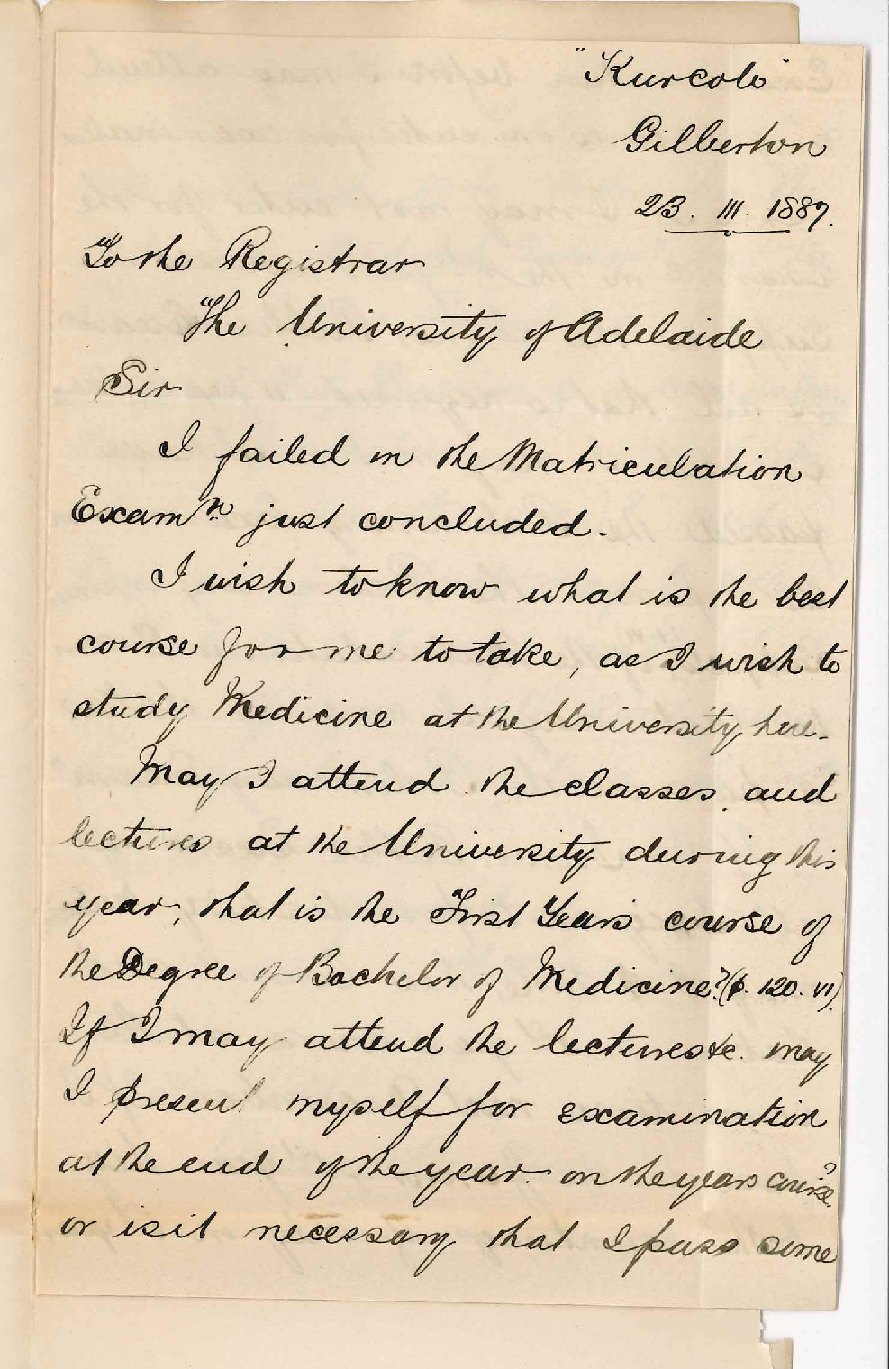 Frederick Coleman - Gilberton - Asking to Attend Lectures on Medical Course Prior to Passing Matriculation Examination