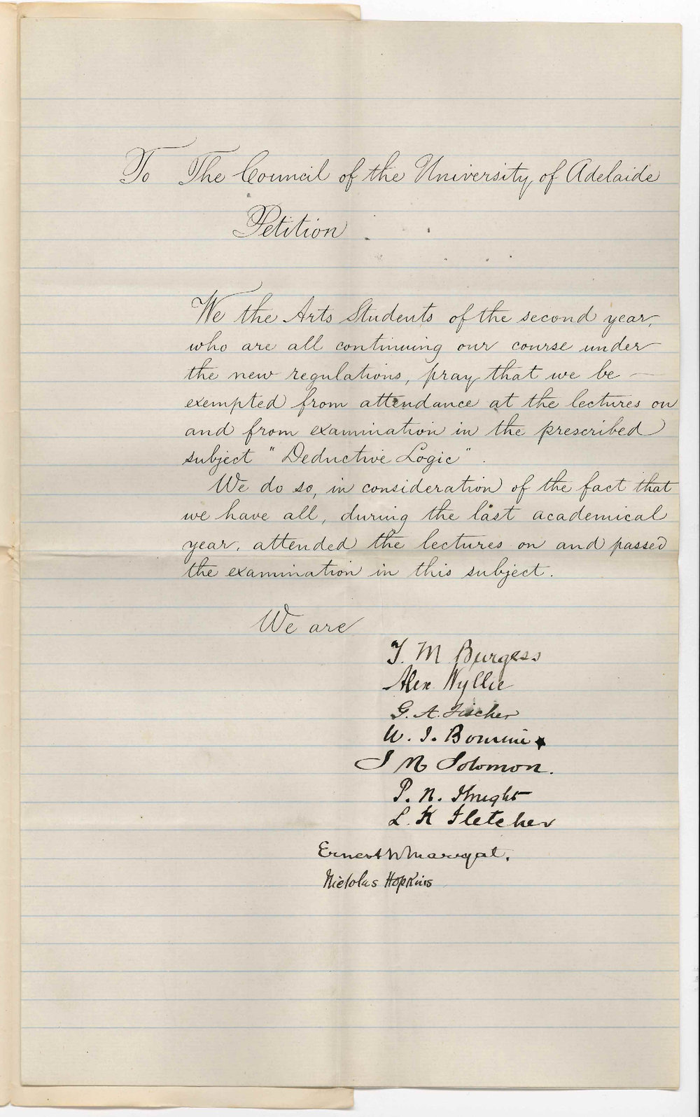 Second Year Art Students - The University - Requesting to be Exempted from Attending Lectures on Deductive Logic