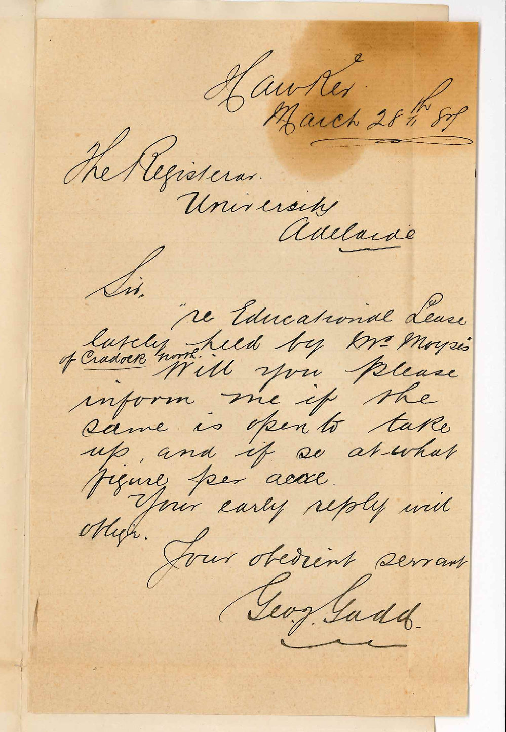 George Gadd - Hawker - Inquiring About Land Surrendered by J Moyses