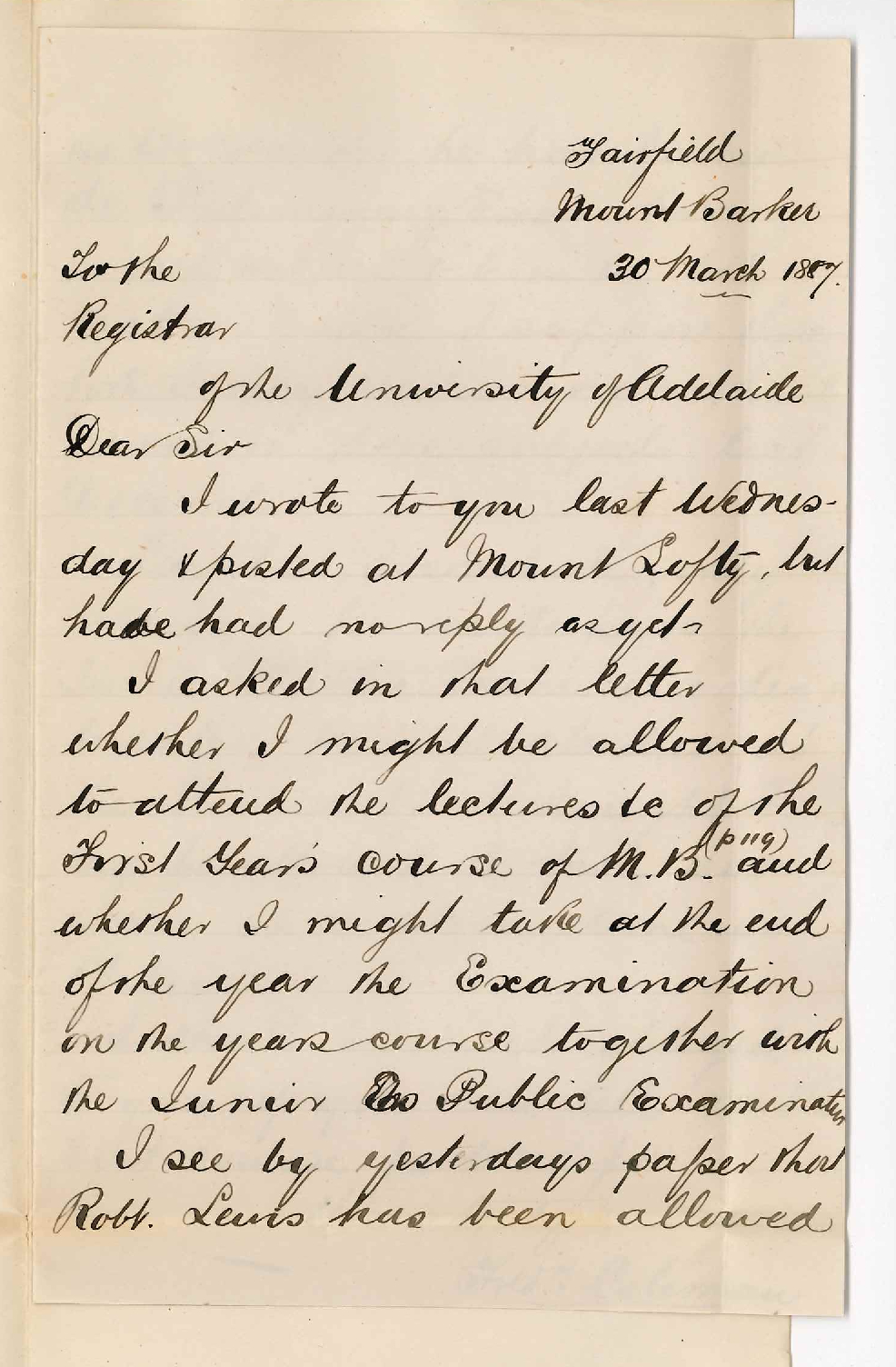 Frederick Coleman - Mount Barker - Concerning the Junior Public Examination and the Medical Course