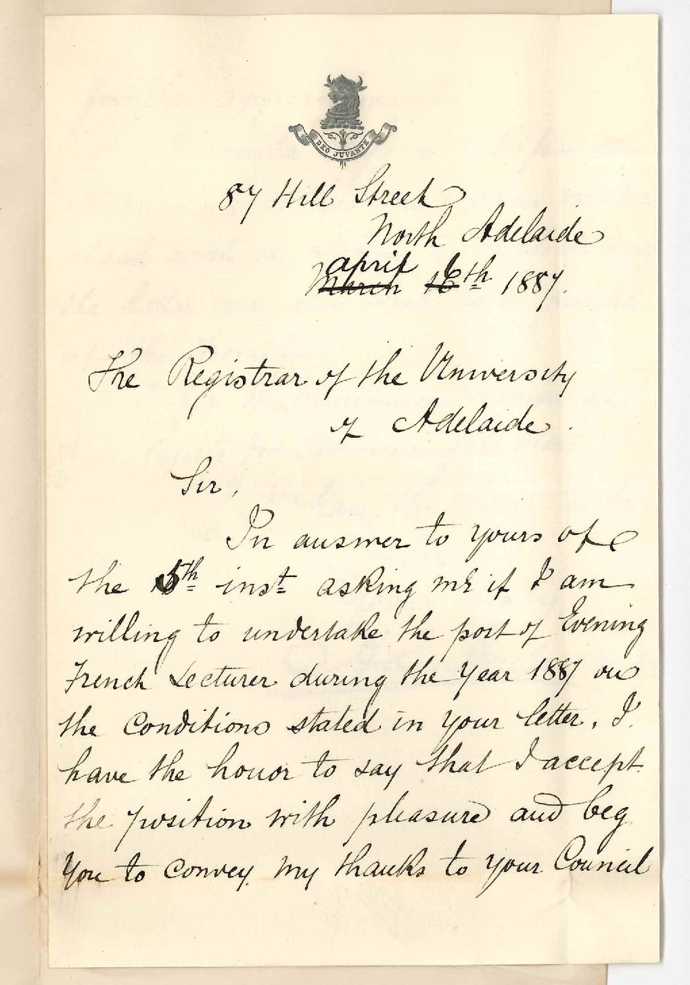Arthur Constant Aucher - North Adelaide - Accepting the Position of Evening Class Lecturer on French