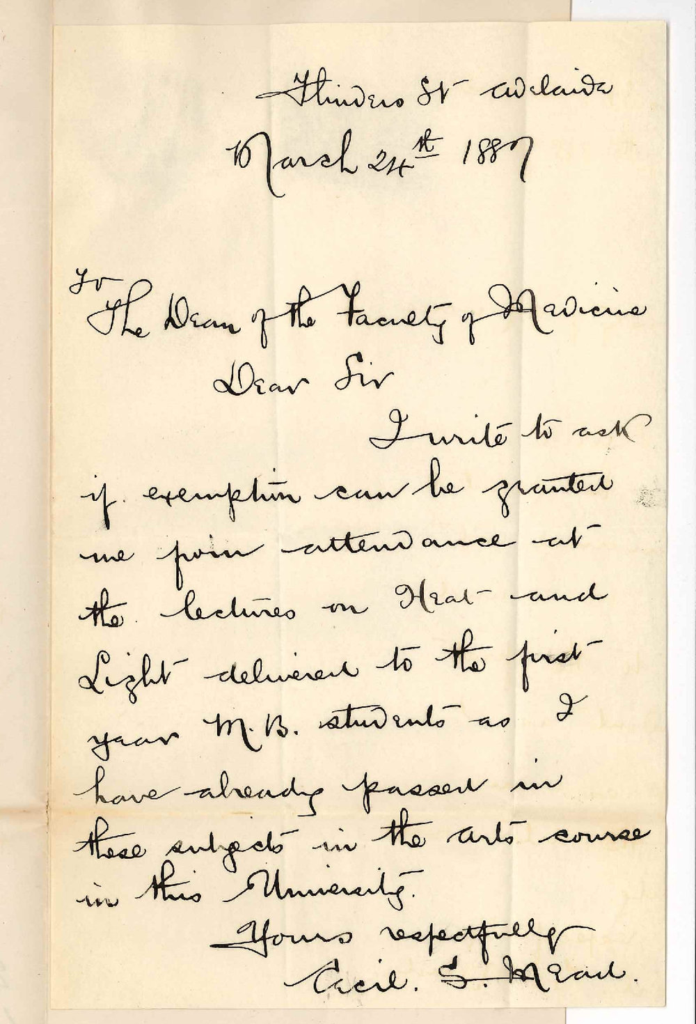 Cecil S Mead - Flinders Street Adelaide - Asking to be Exempted from Attendance of Lectures on Heat Light etc