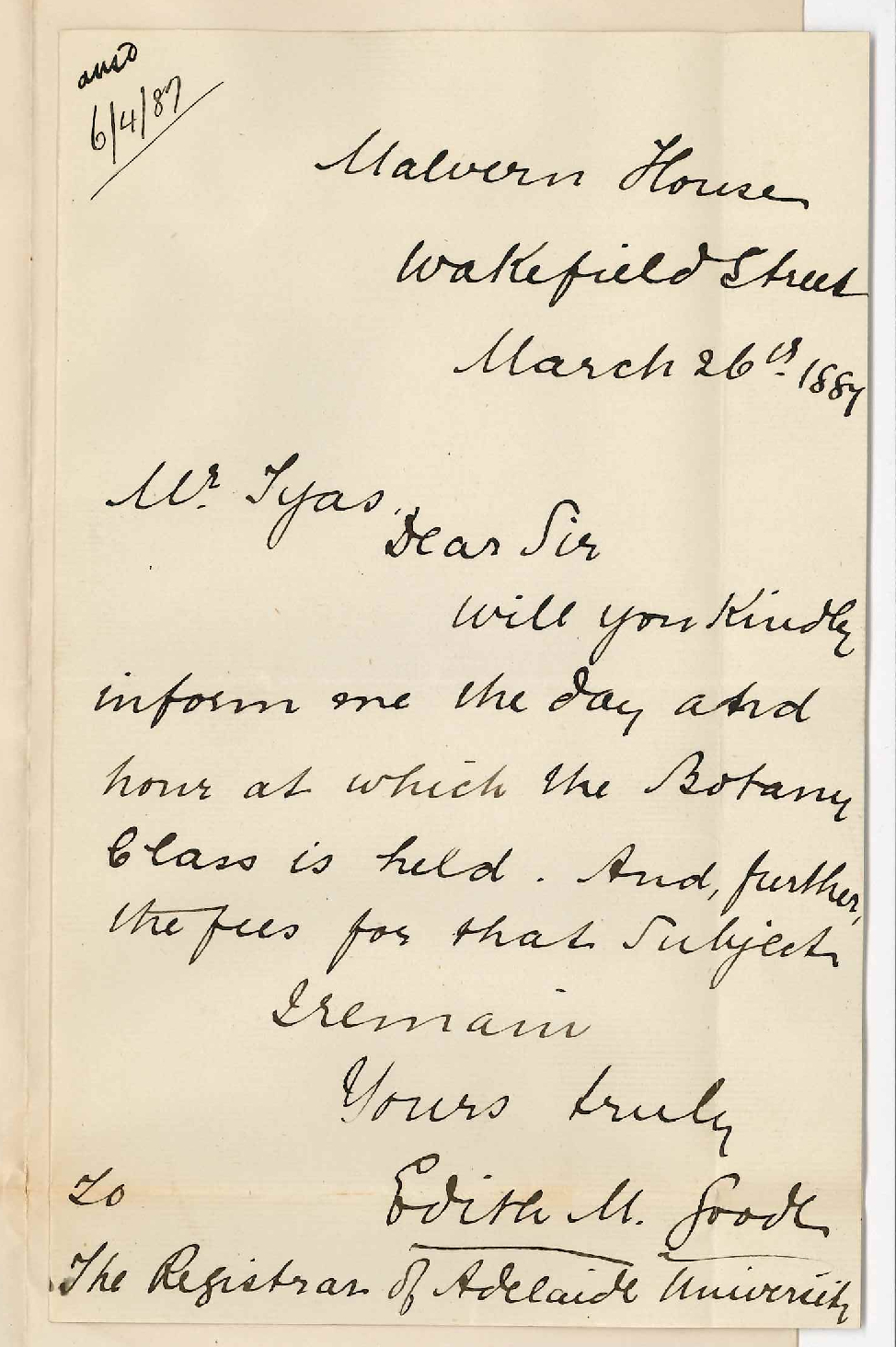 Miss Edith M Goode - Wakefield Street - Concerning Botany Lectures