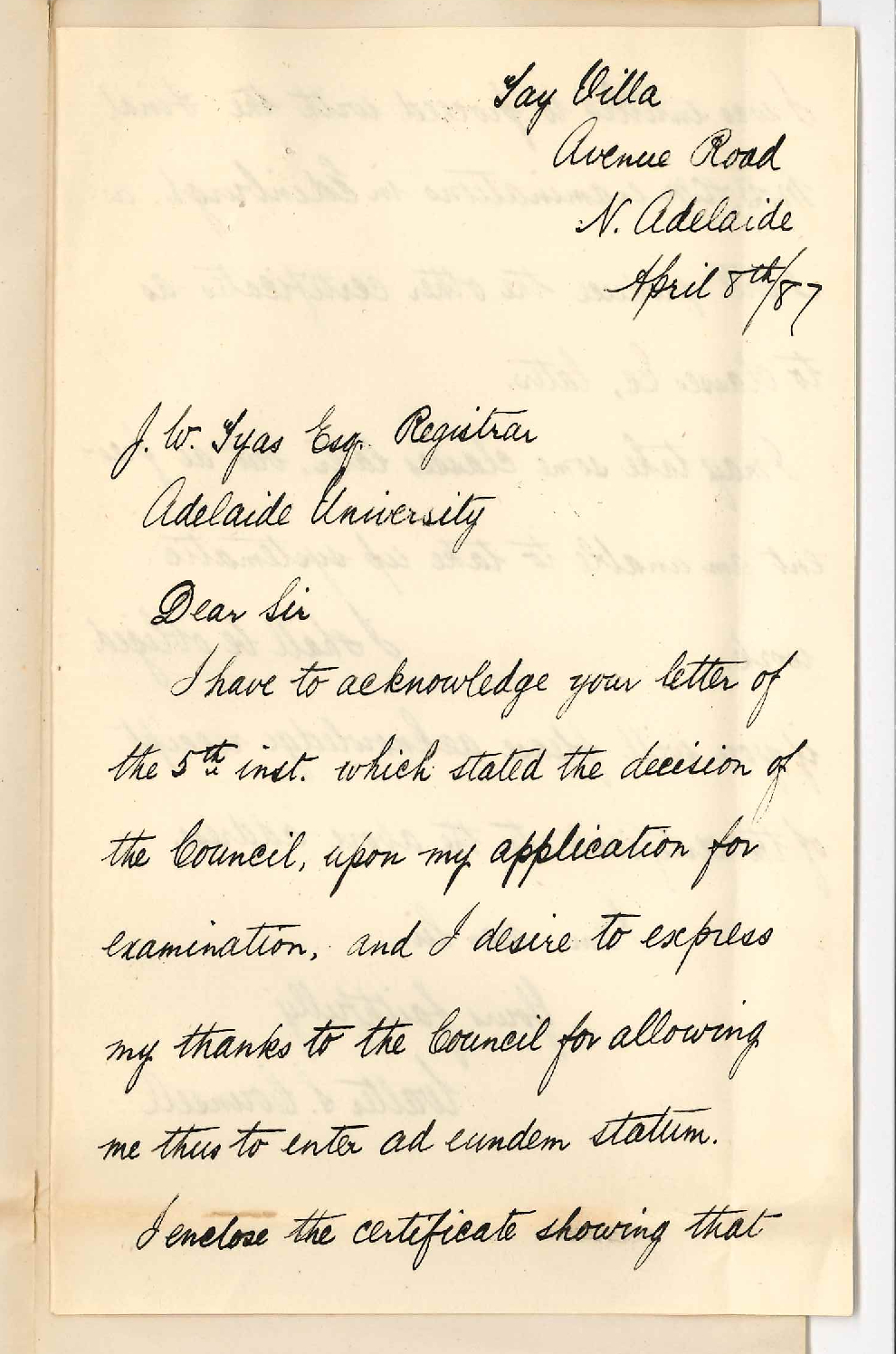 Walter S Counsell - North Adelaide - Forwarding Certificate from University of Edinburgh