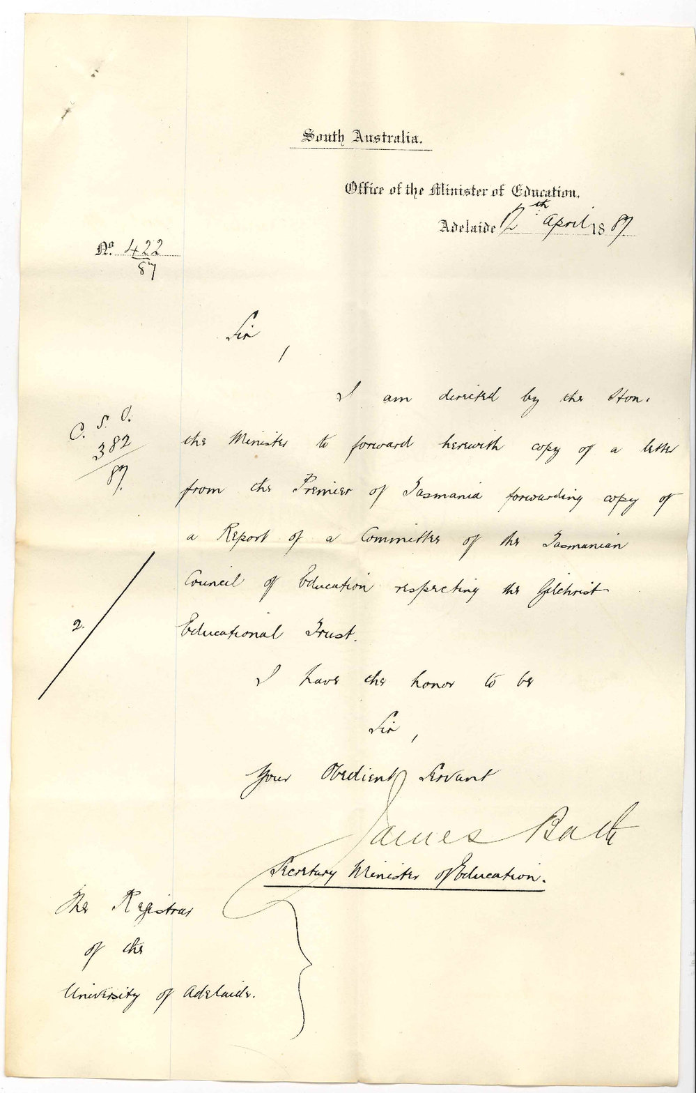 James Bath - Secretary - Office of the Minister of Education - Report of the Tasmanian Council of Education Concerning the Gilchrist Scholarships