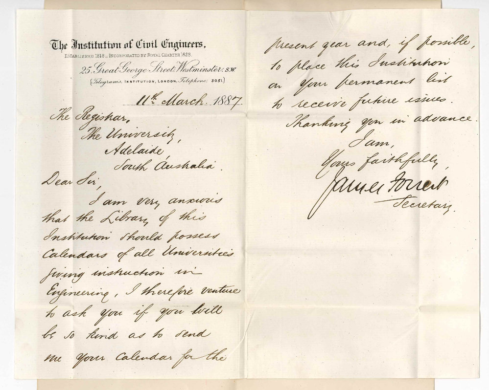 James Forrest - Secretary - The Institution of Civil Engineers - London - Asking for University Calendar for 1887