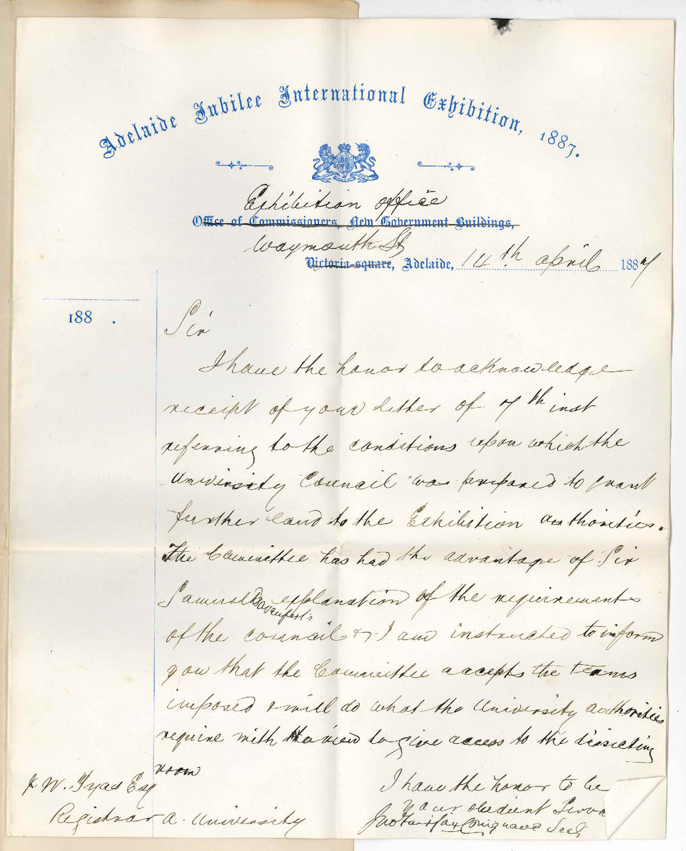 John Fairfax Conigrave - Secretary - Adelaide Jubilee International Exhibition - Waymouth Street Adelaide - Promoters of Exhibition Agree to Terms of Council for Loan of University Land