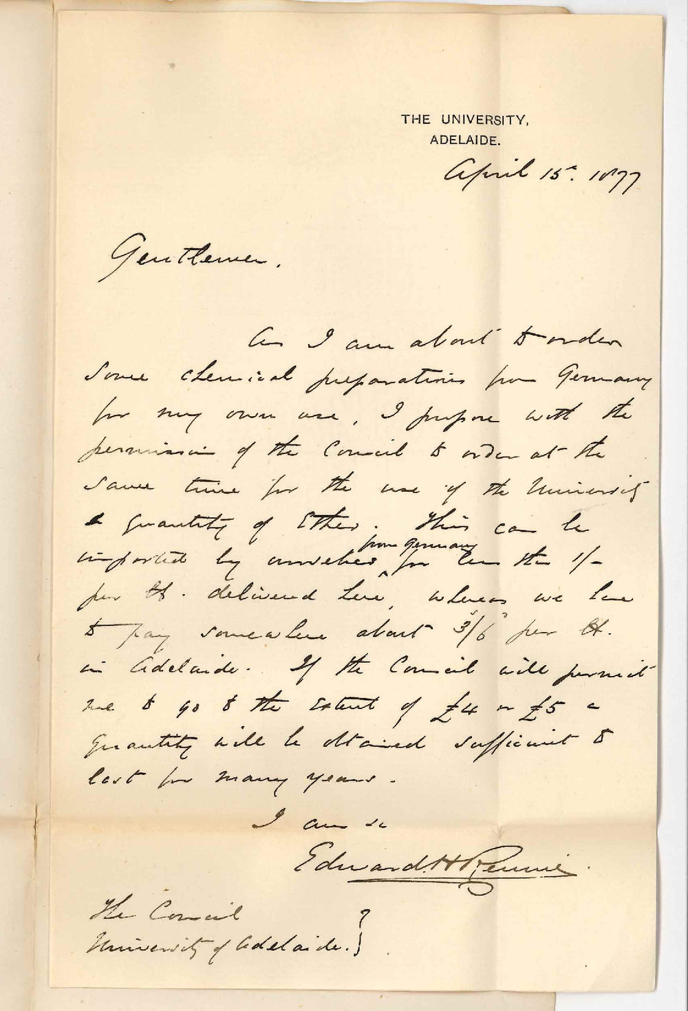 Professor Edward Henry Rennie - The University - Requesting Permission to Order Ether from Germany