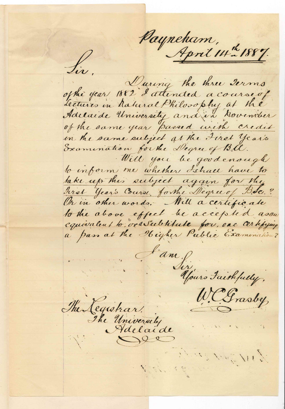 William Cotton Grasby - Payneham - Requesting to be Credited with Having Passed in Natural Philosophy