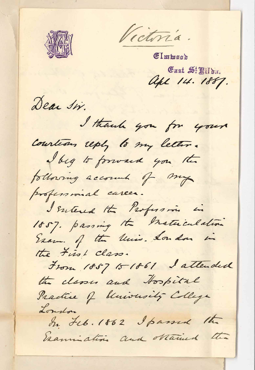William Henry Embling - St Kilda Victoria - Asking to be Admitted Ad Eundem Statum