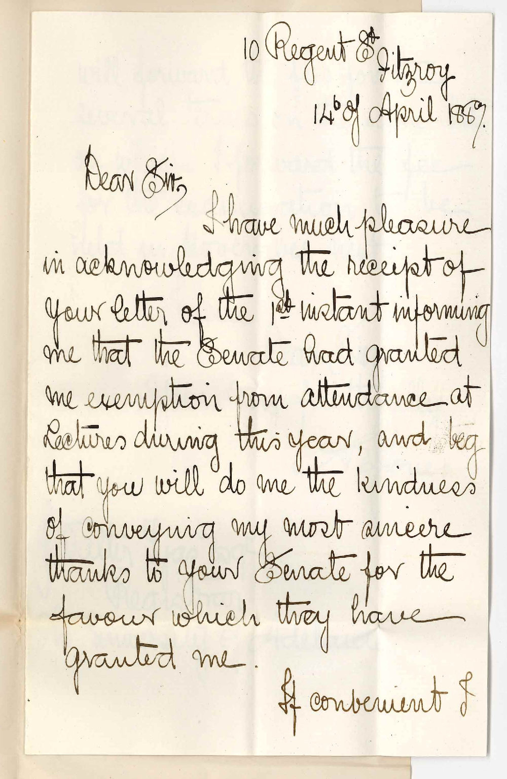 Albert E Jones - Fitzroy Victoria - Thanking Council for Granting Him Exemption from Lectures