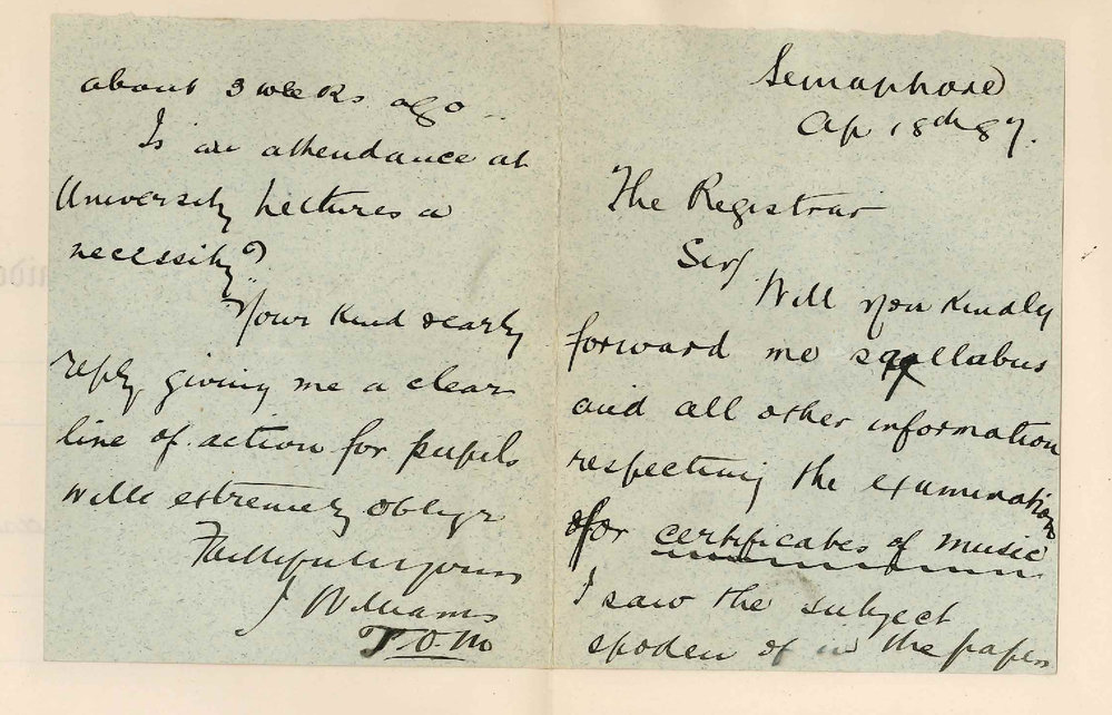 J Williams - Semaphore - Requesting Information on Syllabuses and Certificates of Music Examinations