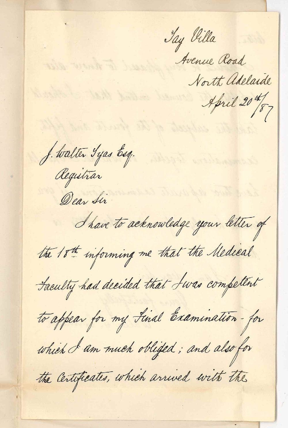 Walter S Counsell - North Adelaide - Concerning his Examination for the MB Degree