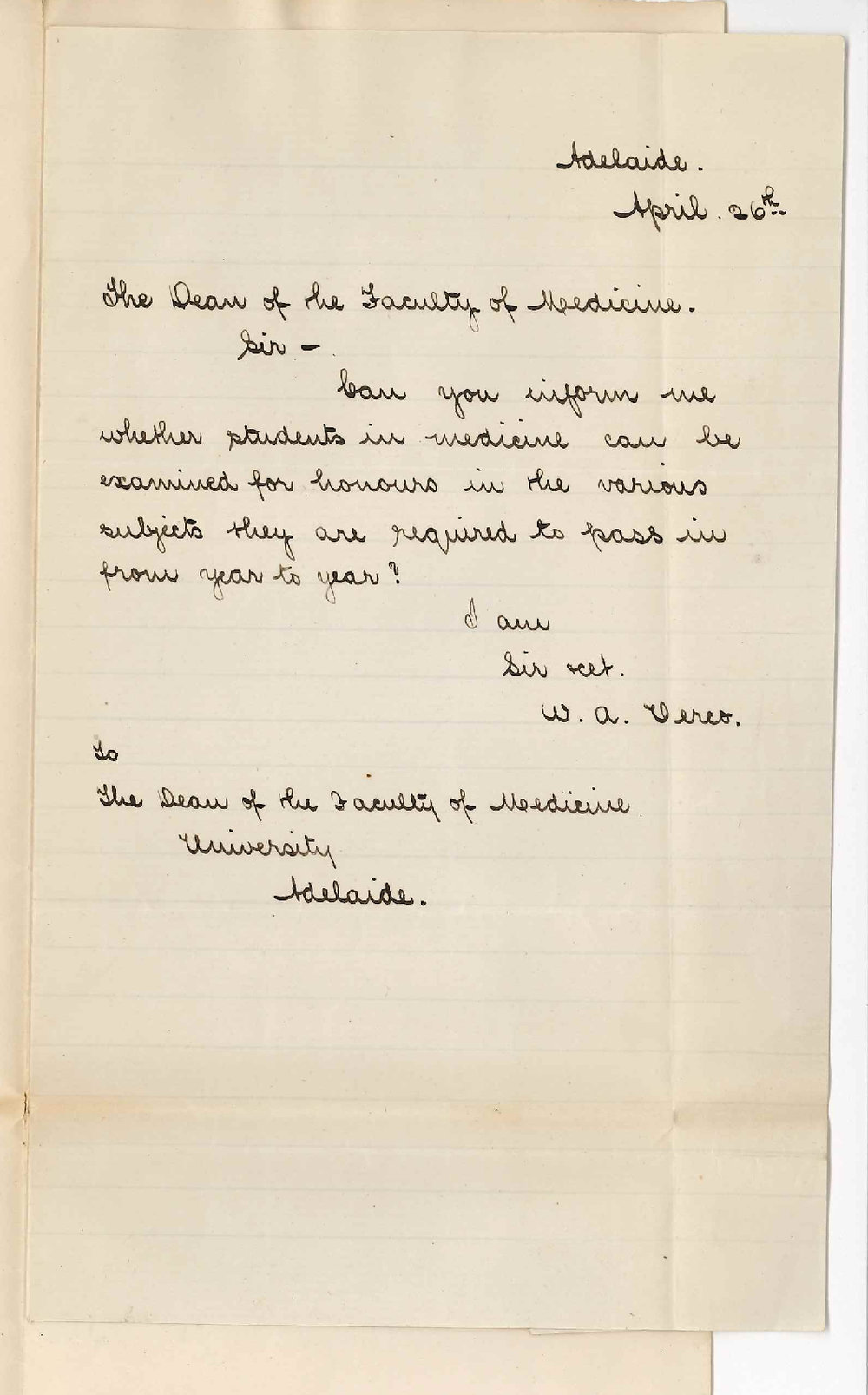 William Alfred Verco - Adelaide - Concerning Honours in the MB Course
