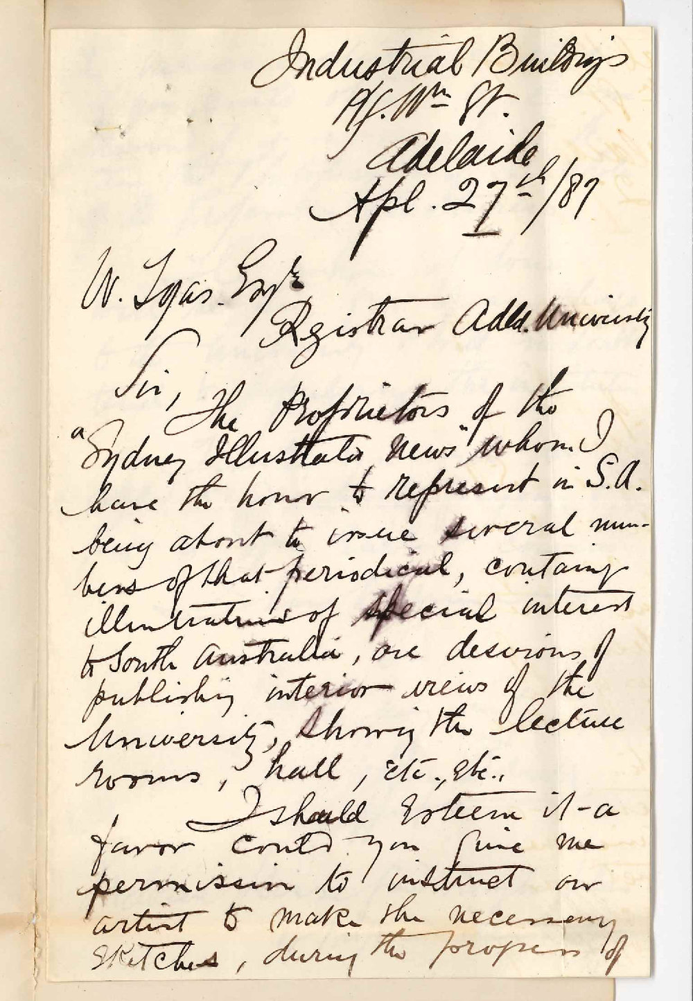 Jeffrey Bruer - King William Street Adelaide - Requesting Leave to Sketch Interior of University for Sydney Illustrated News