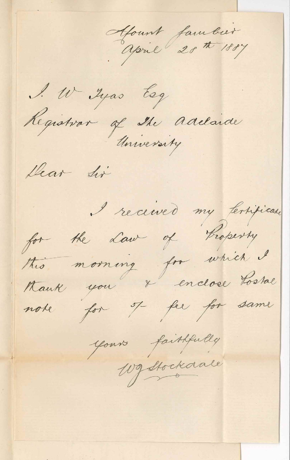 W J Stockdale - Mount Gambier - Fee for Certificate