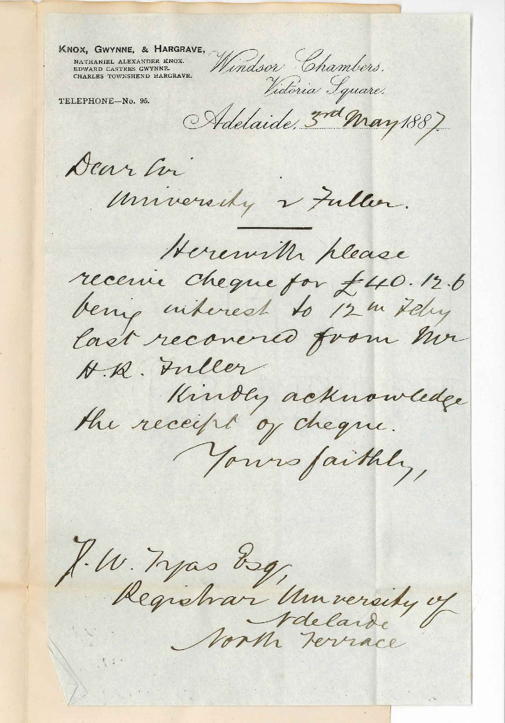 Knox Gwynne and Hargrave - Victoria Square Adelaide - Payment of H R Fuller's Interest