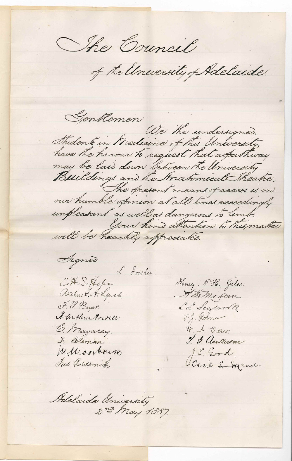 Medical Students - The University - Asking a Pathway be Made to the Anatomical Theatre