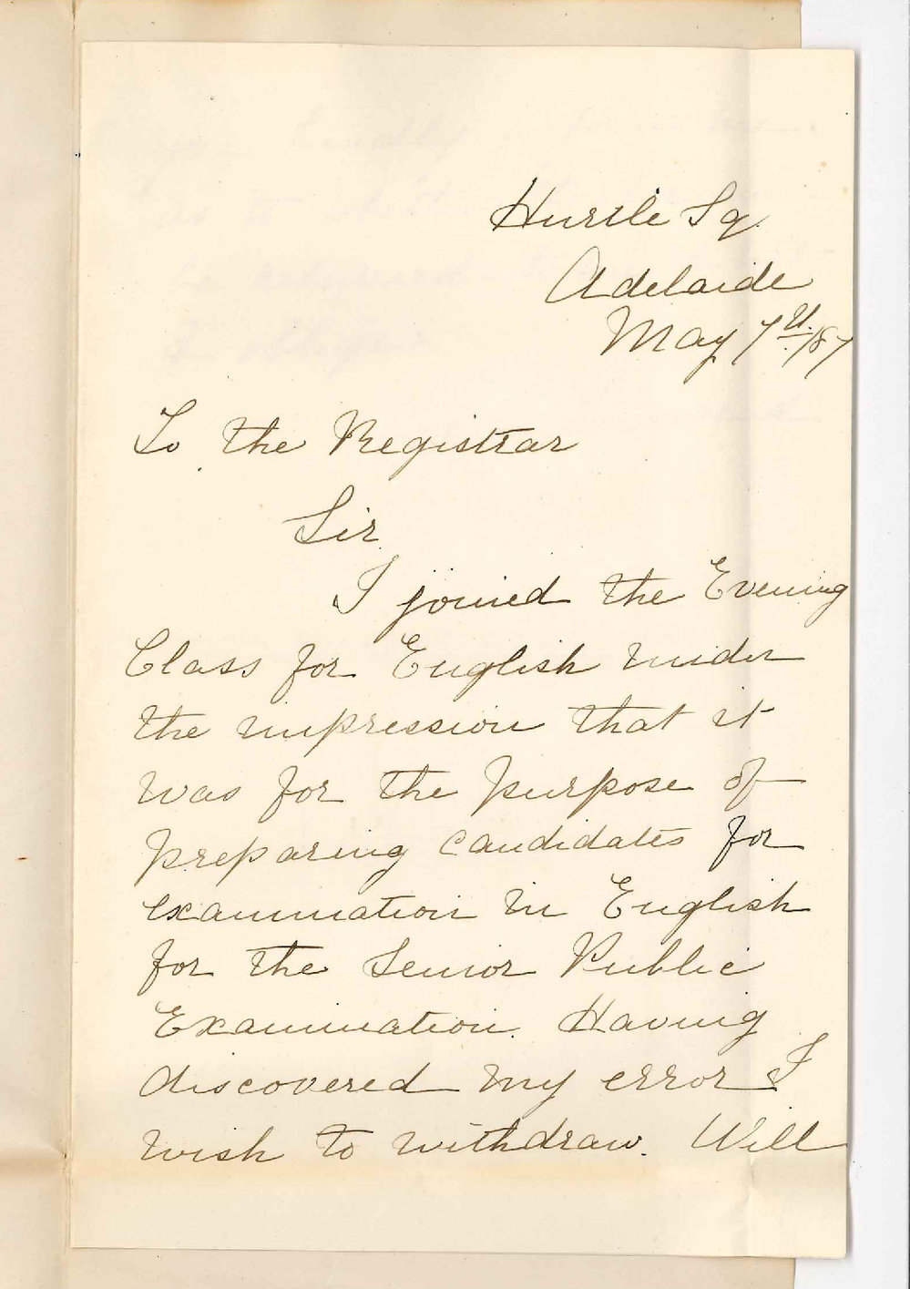 Miss Alice Townsend - Hurtle Square Adelaide - Request Fee for English Evening Class be Refunded