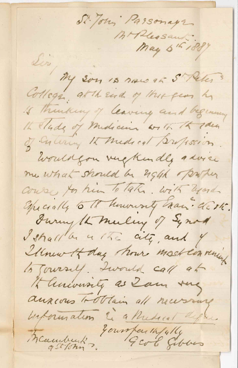 Reverend George E Gibbes - Mount Pleasant - Information Concerning the Medical Course