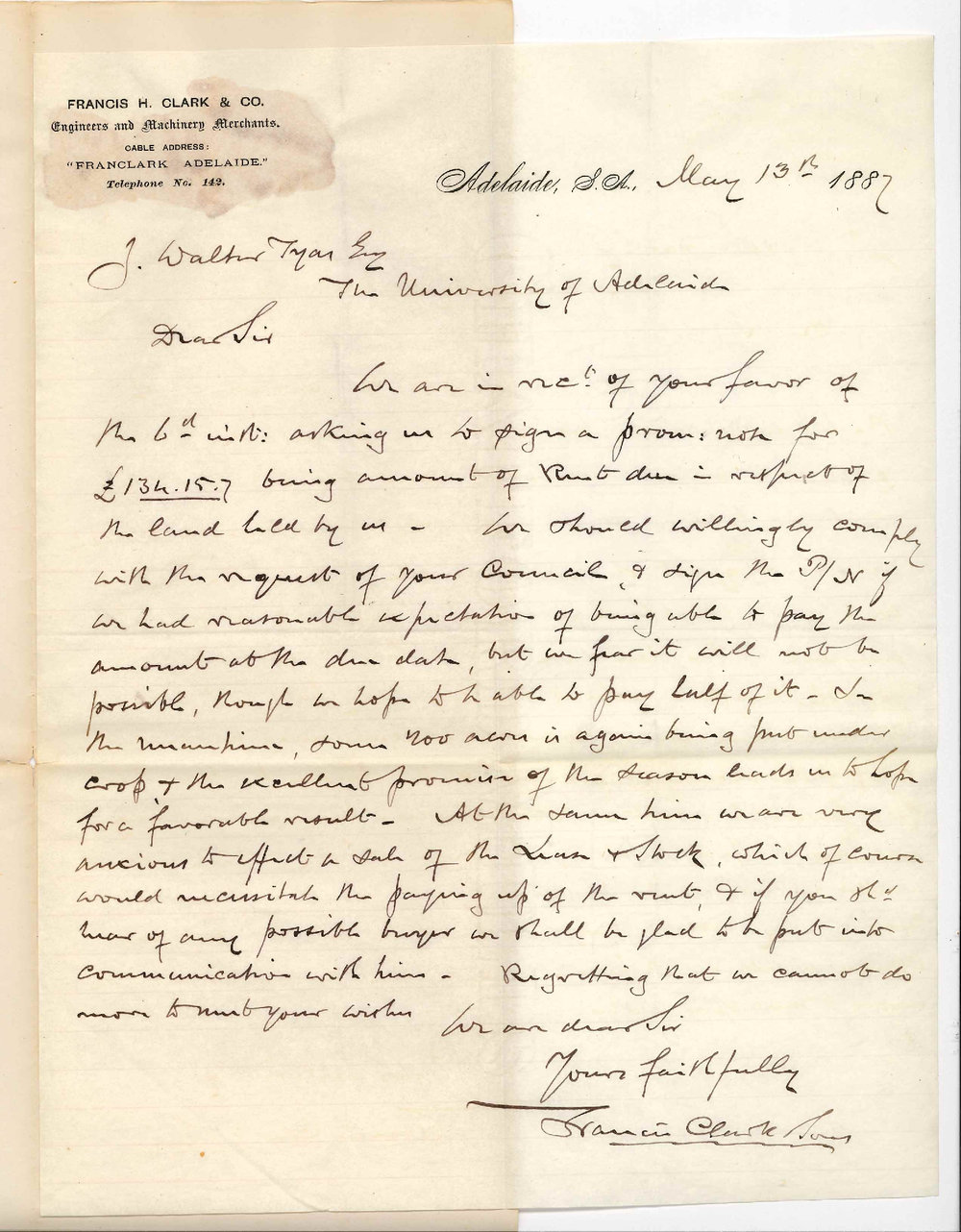 Messrs Francis Clark and Sons - Adelaide - Non Payment of Rent
