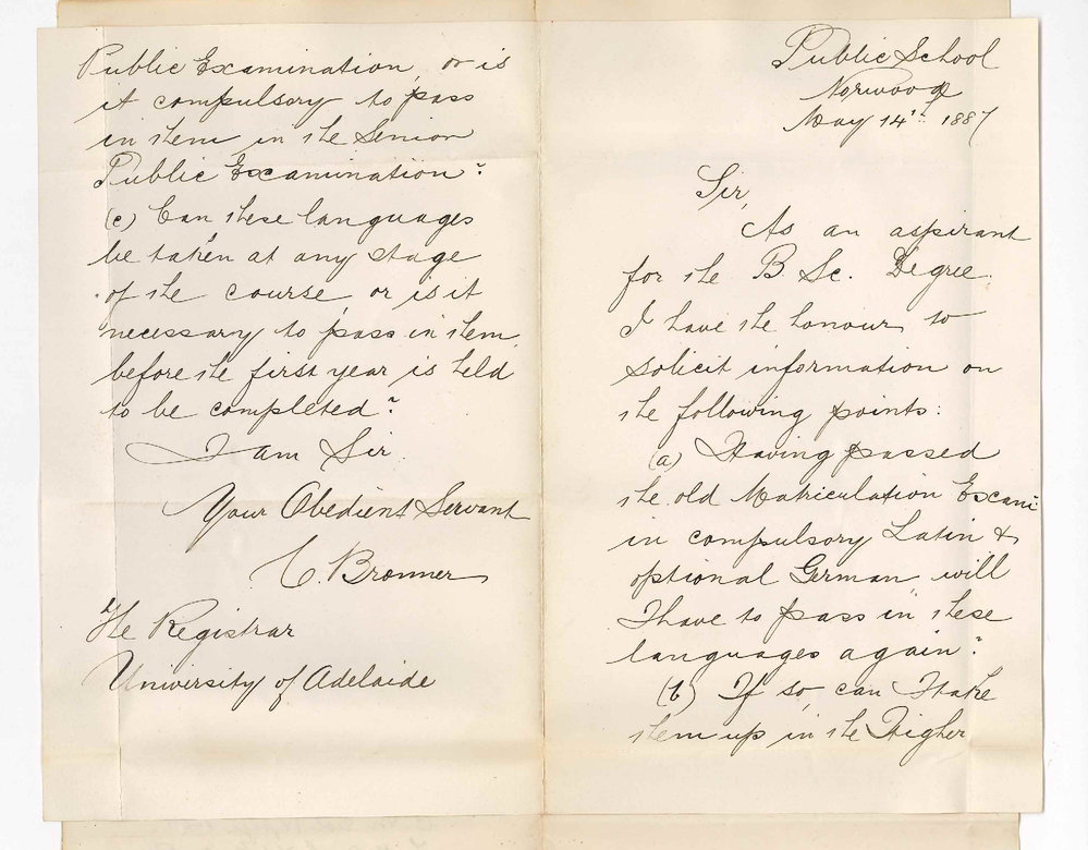 Carl Bronner - Public School Norwood - Information Concerning the BSc Course