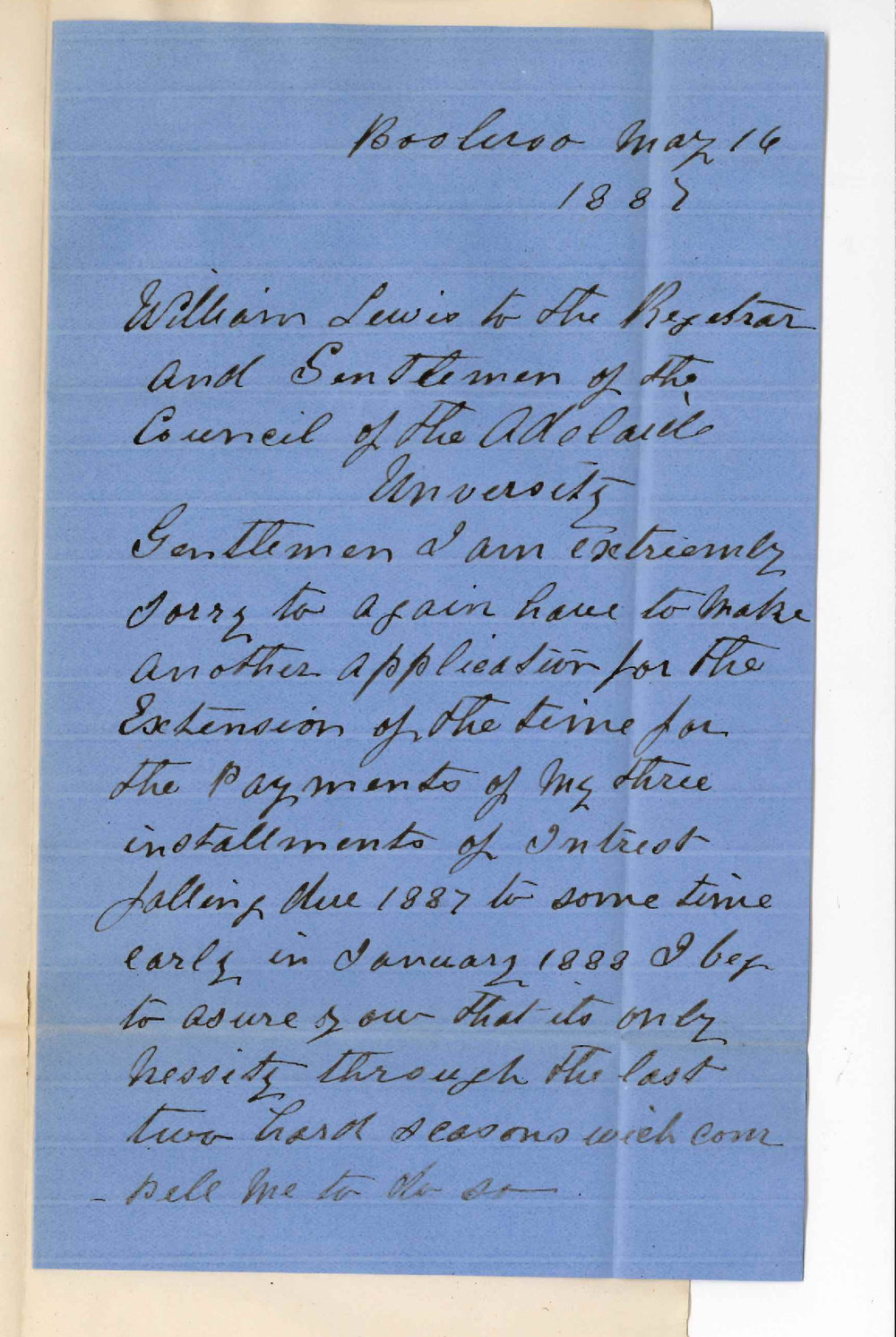 William Lewis - Booleroo - Requesting Payment of Interest be Deferred until January 1888