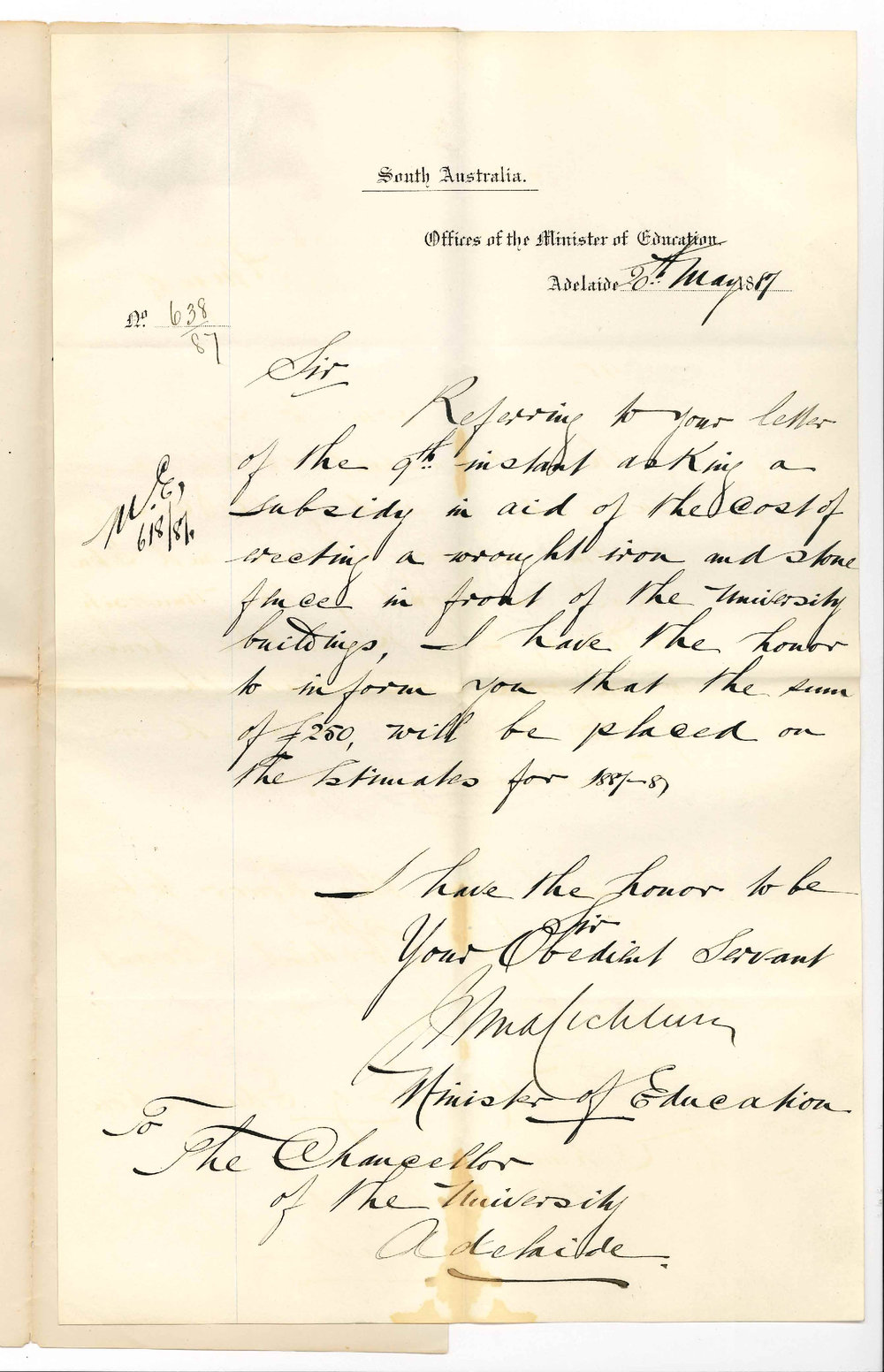 Minister of Education - General Post Office [GPO] - Sum of &pound;250 to be Added to Estimate in Aid of Fence