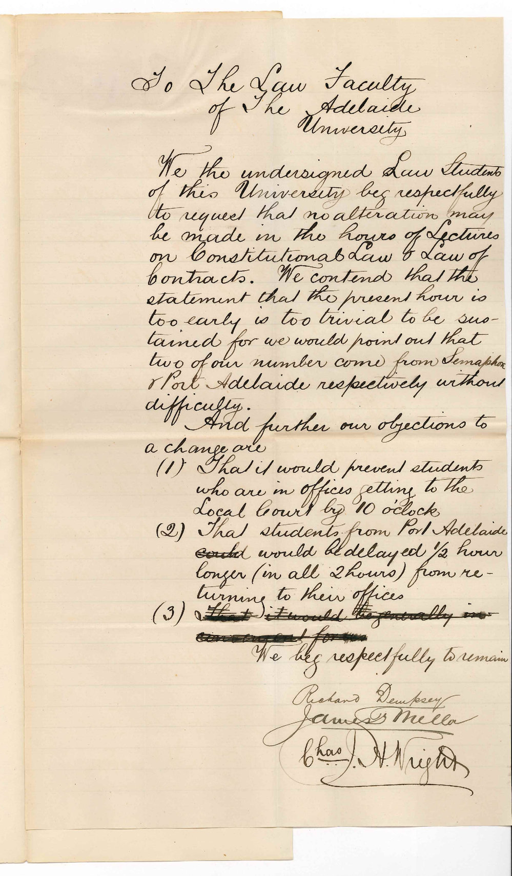 Law Students - The University - Requesting No Alterations to the Constitutional Law and Law of Contracts Lectures