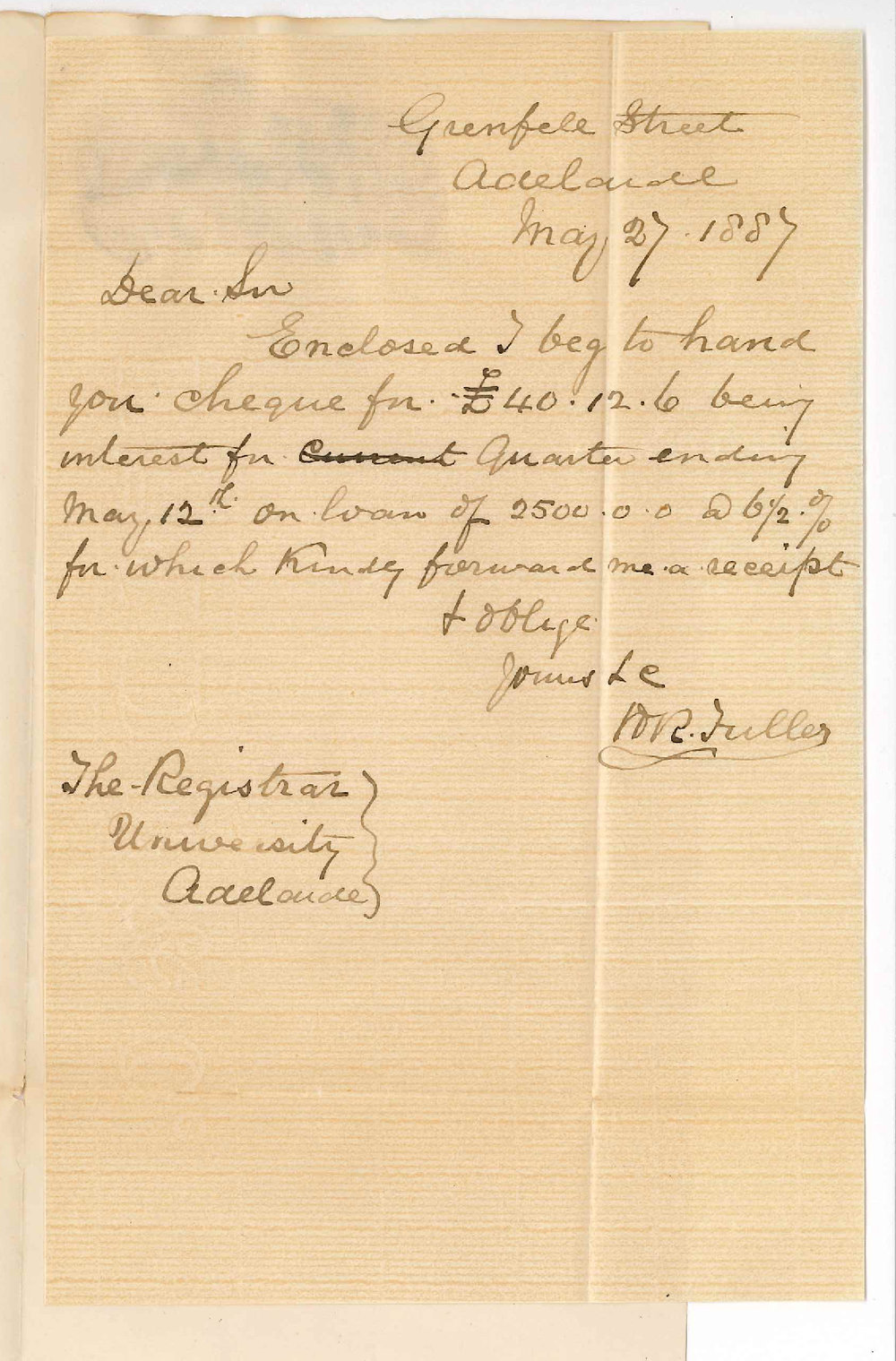 H R Fuller - Grenfell Street Adelaide - Payment of Quarter's Interest
