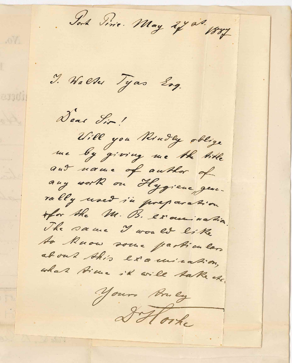 Dr Edward Hoche - Port Pirie - Particulars for MB Examination in November 1887