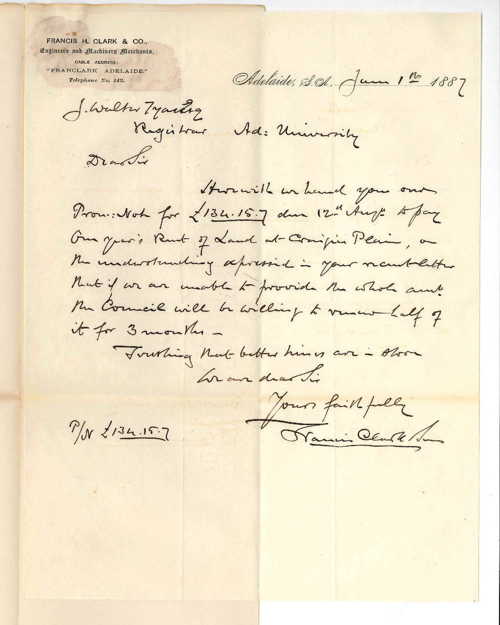 Francis Clark and Sons - Adelaide - Forward Promissory Note for Rent
