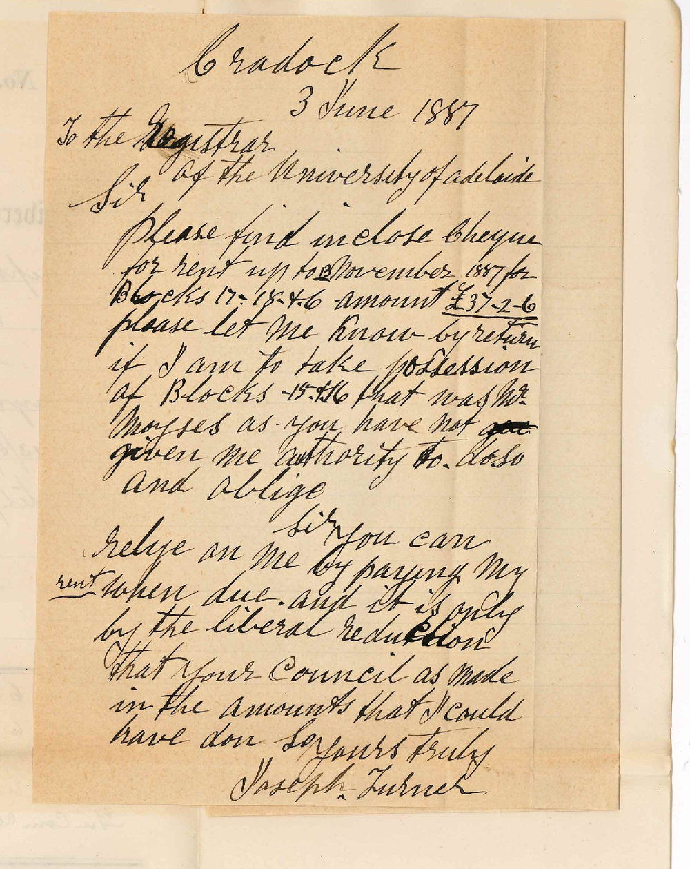 Joseph Turner - Cradock Wirreanda - Payment of Rent to 13 May - Also Concerning Land Recently Held by J Moyses