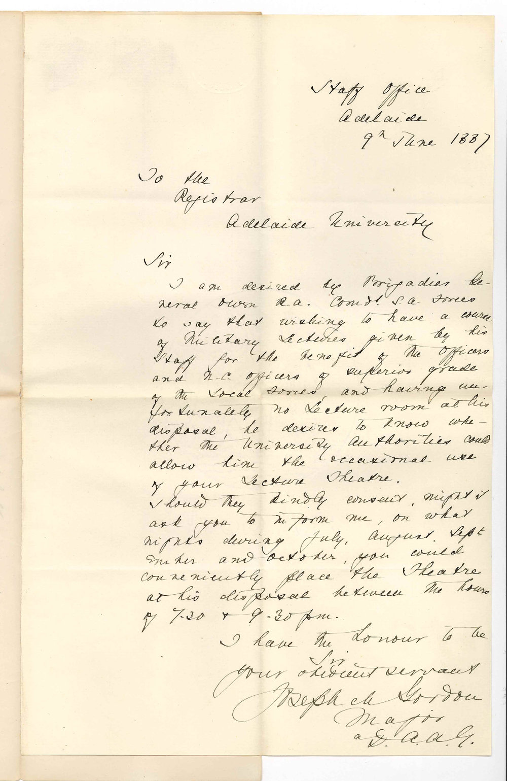 Major Joseph M Gordon - Staff Office - Asking for Use of Medical Theatre for Military Lectures