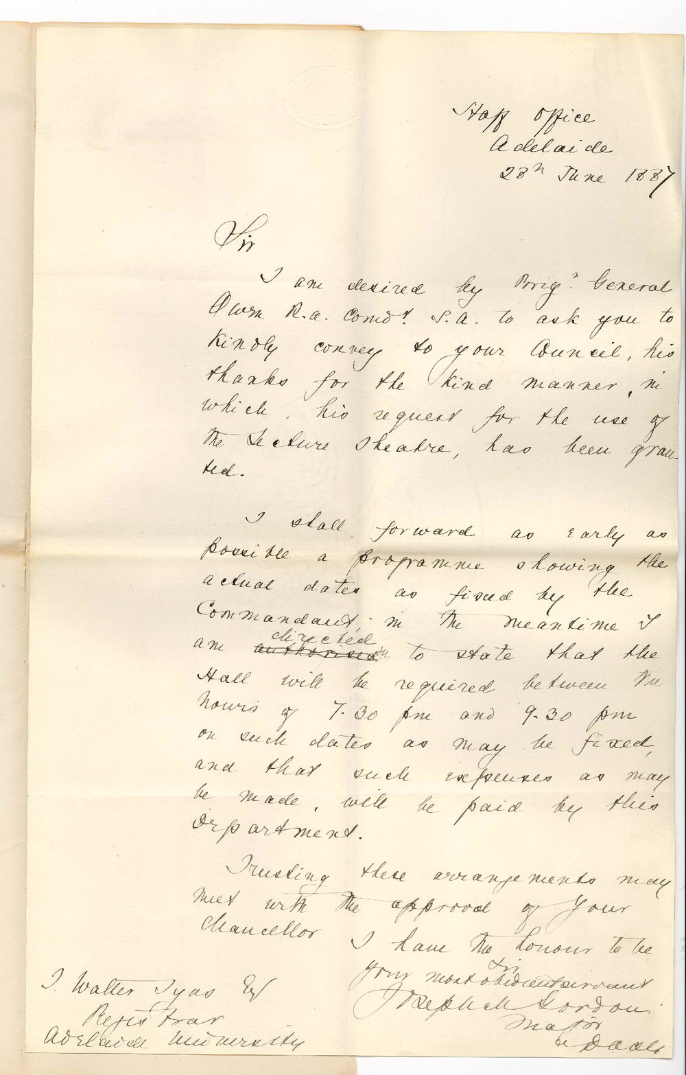 Major Joseph M Gordon - North Terrace Adelaide - Thanking Council for Granting Use of Medical Theatre for Lectures