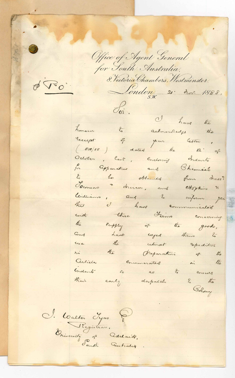 Arthur Blyth - Office of the Agent General for South Australia - London - Indent of Goods from Mercer and Williams - Also Balance at Bank