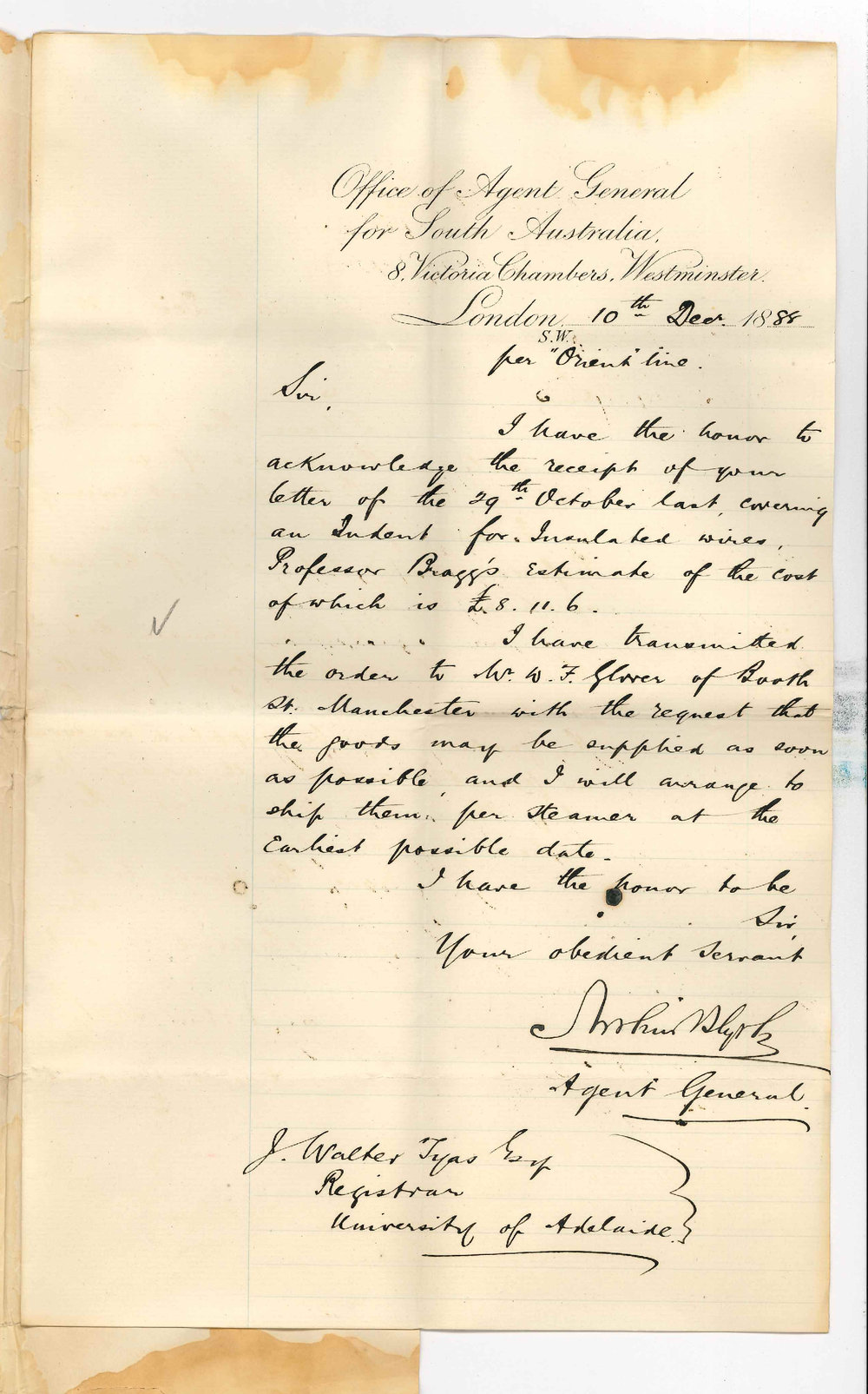 Arthur Blyth - Office of the Agent General for South Australia - London - Receipt of Indent for Insulated Wires