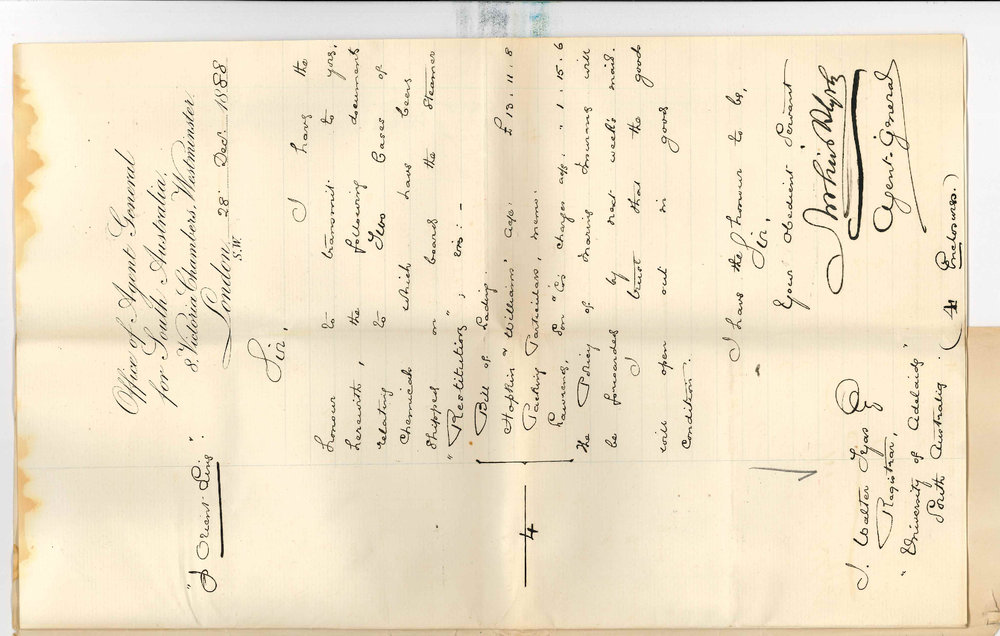 Arthur Blyth - Office of the Agent General for South Australia - London - Goods for Chemical Laboratory Shipped