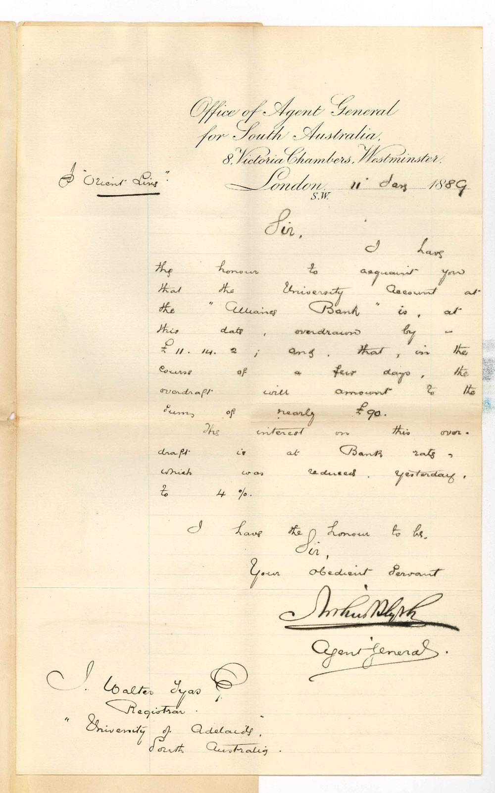 Arthur Blyth - Office of the Agent General for South Australia - London - Concerning Balance at Alliance Bank