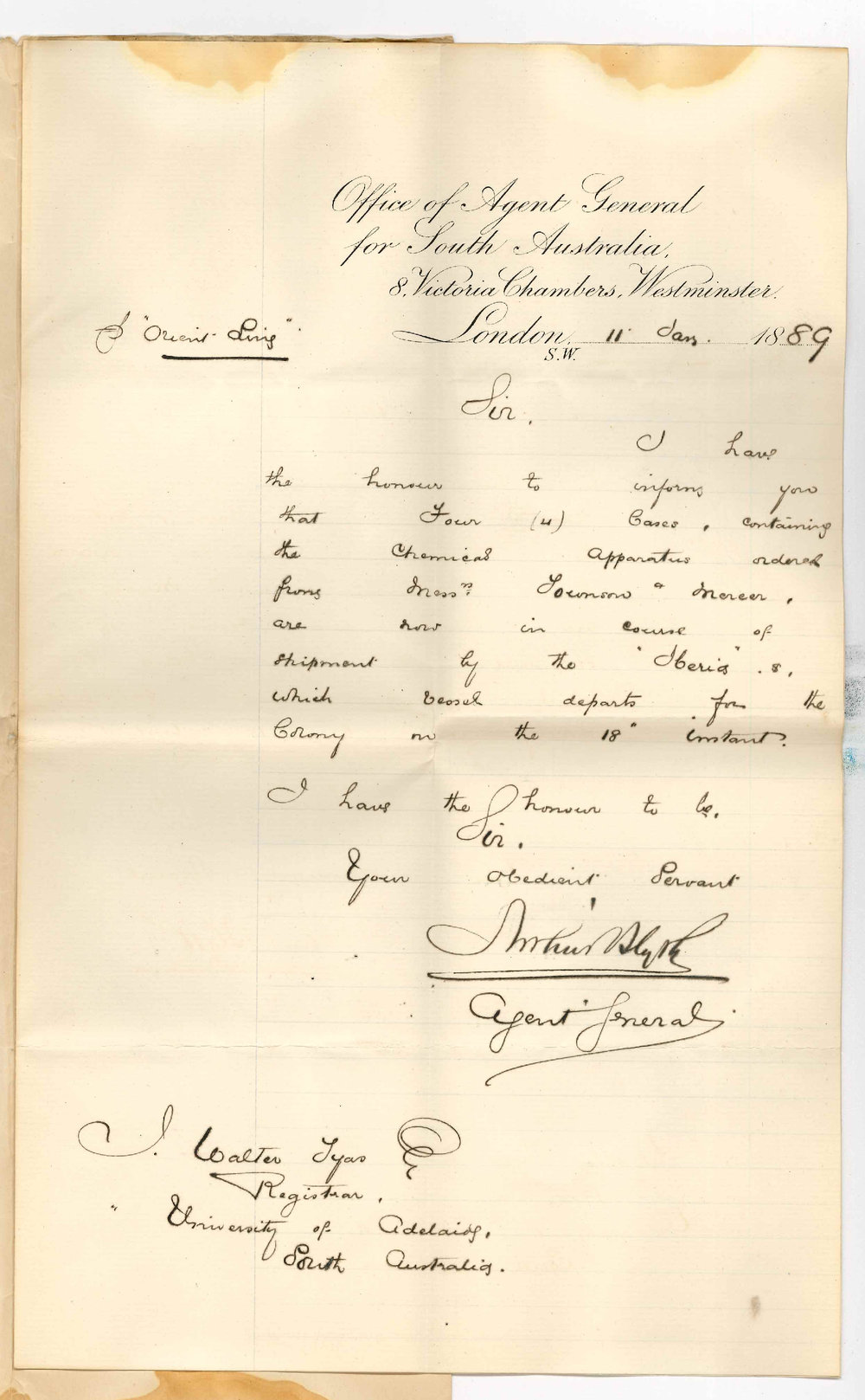 Arthur Blyth - Office of the Agent General for South Australia - London - Chemical Apparatus per Iberia