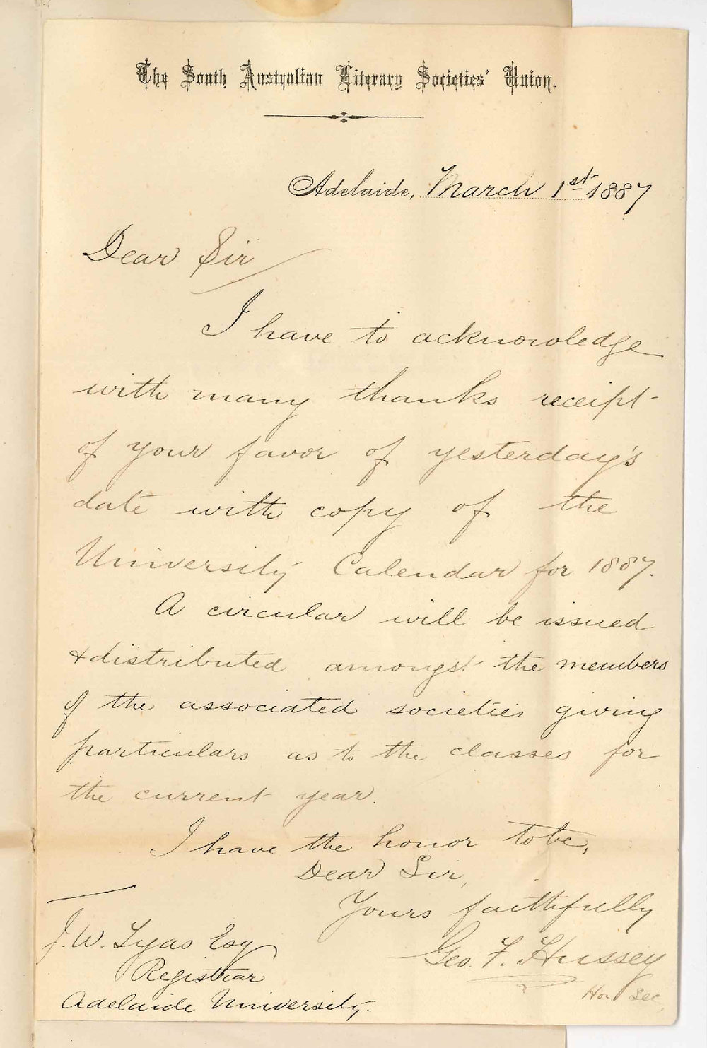 George Frederick Hussey - Honorary Secretary - The South Australian Literary Societies Union - Adelaide - Acknowledging Receipt of Letter and Calendar