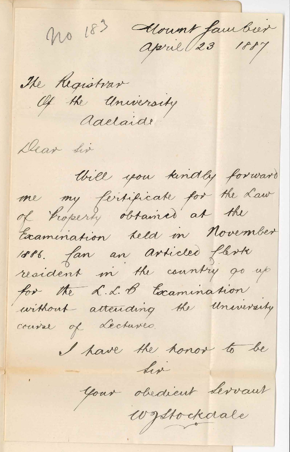 W J Stockdale - Mount Gambier - Requesting Certificate for Law of Property