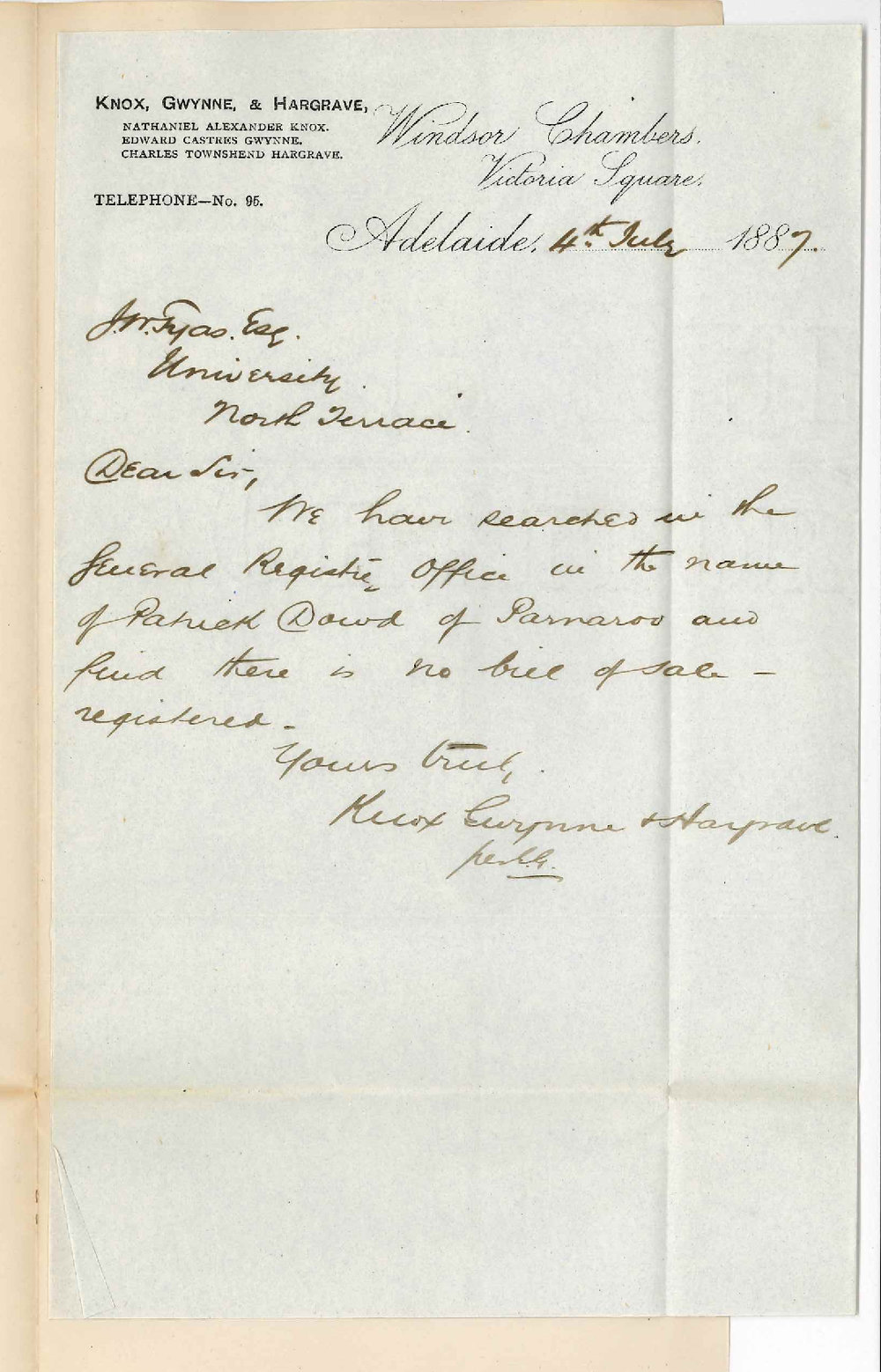 Knox Gwynne and Hargrave - Victoria Square Adelaide - Concerning Bill of Sale on Patrick Dowd's Property