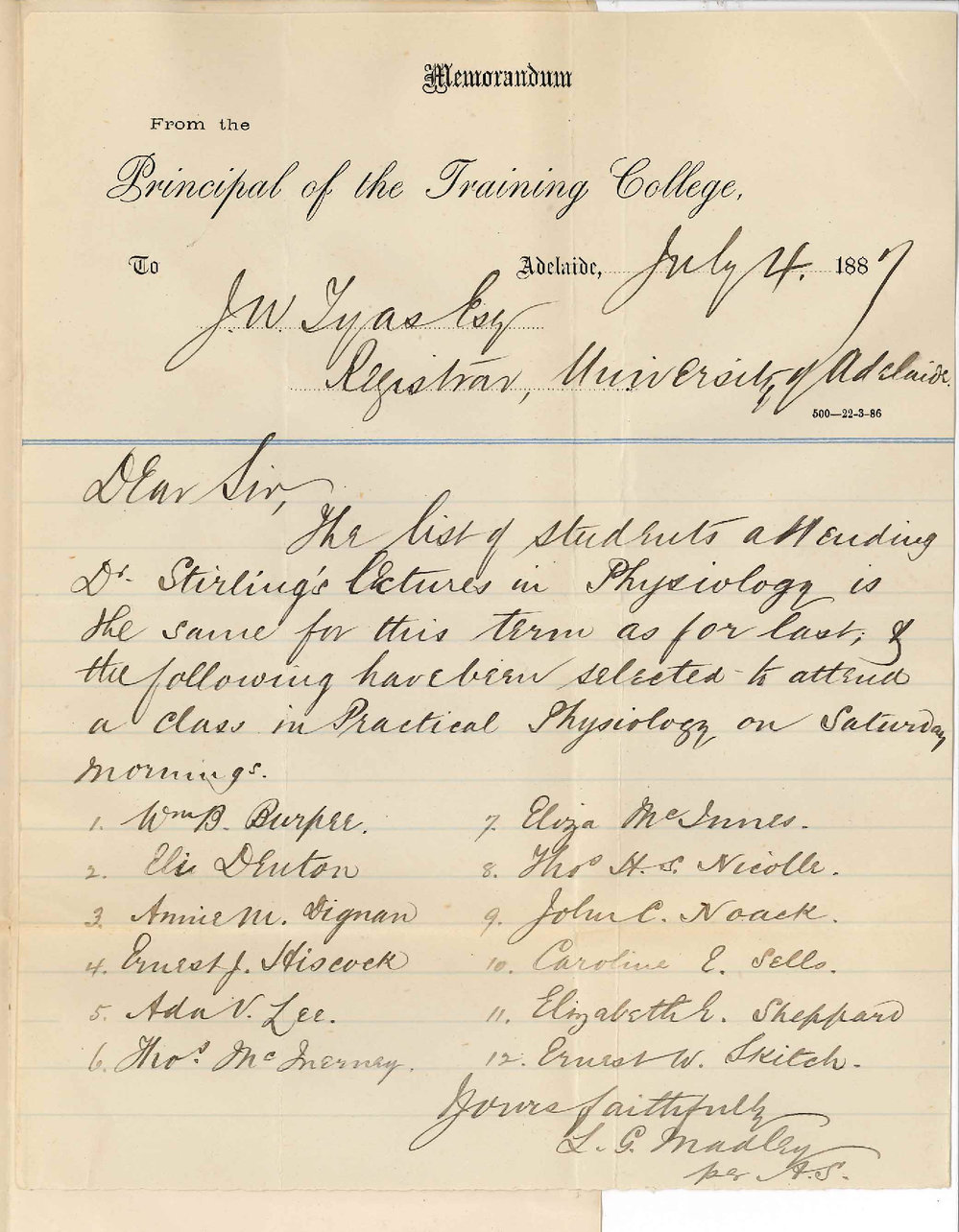 Lewis George Madley - Principal of the Training College - College Students for Second Term Lectures and Practical Physiology Class