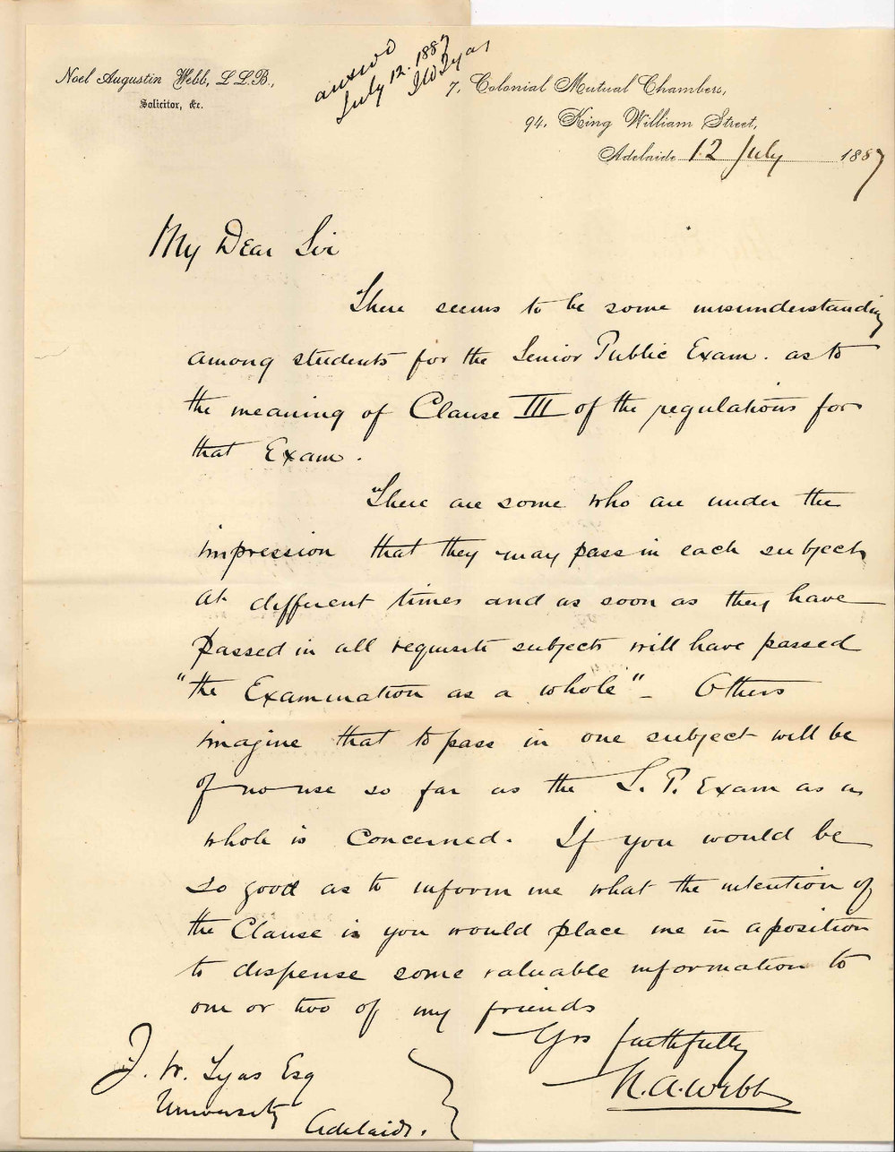 Noel Augustin A Webb LLB - Adelaide - Senior Public Examination