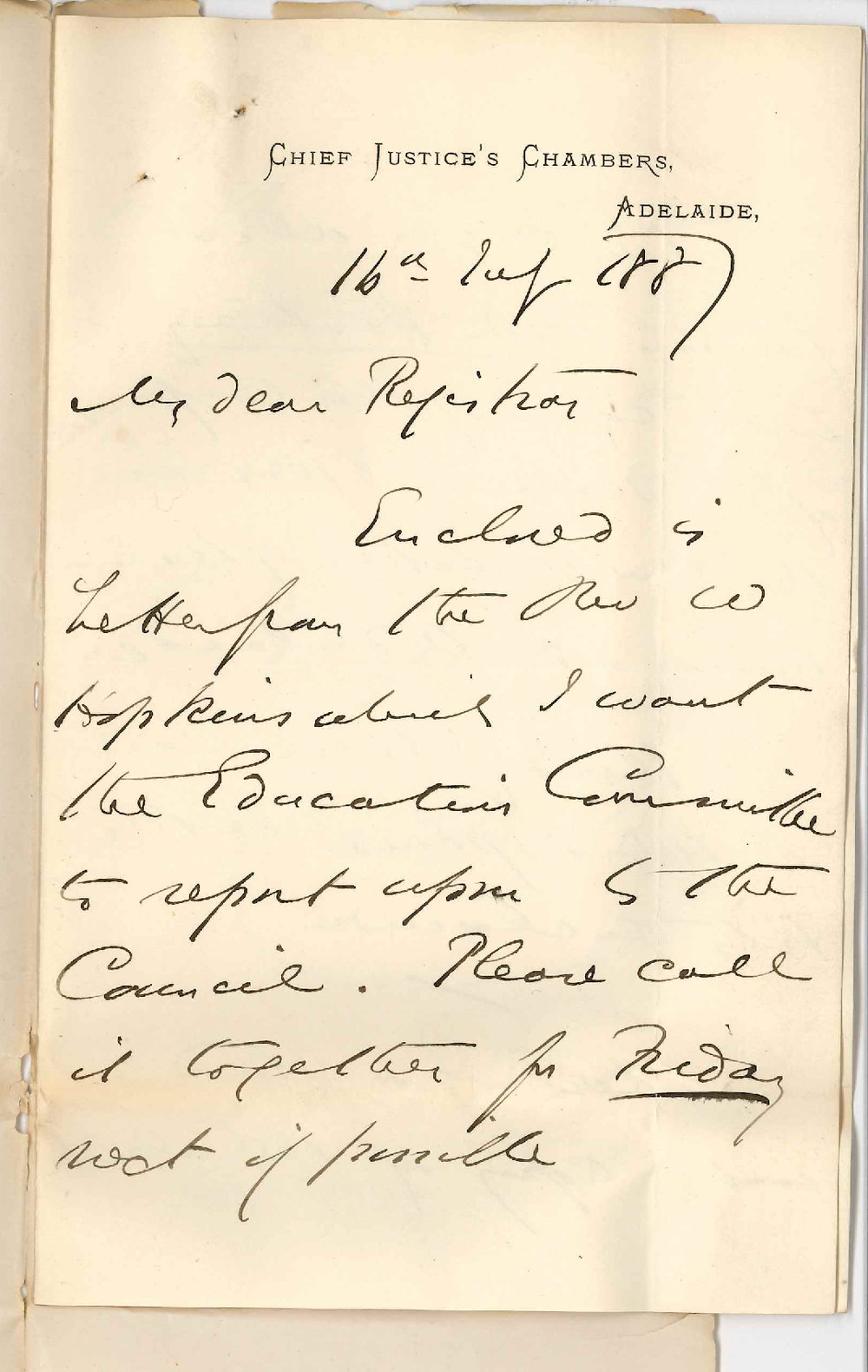 Chief Justice's Chambers - Adelaide - Letter from Reverend W Hopkins on the Library Regulations Increase of Fees etc