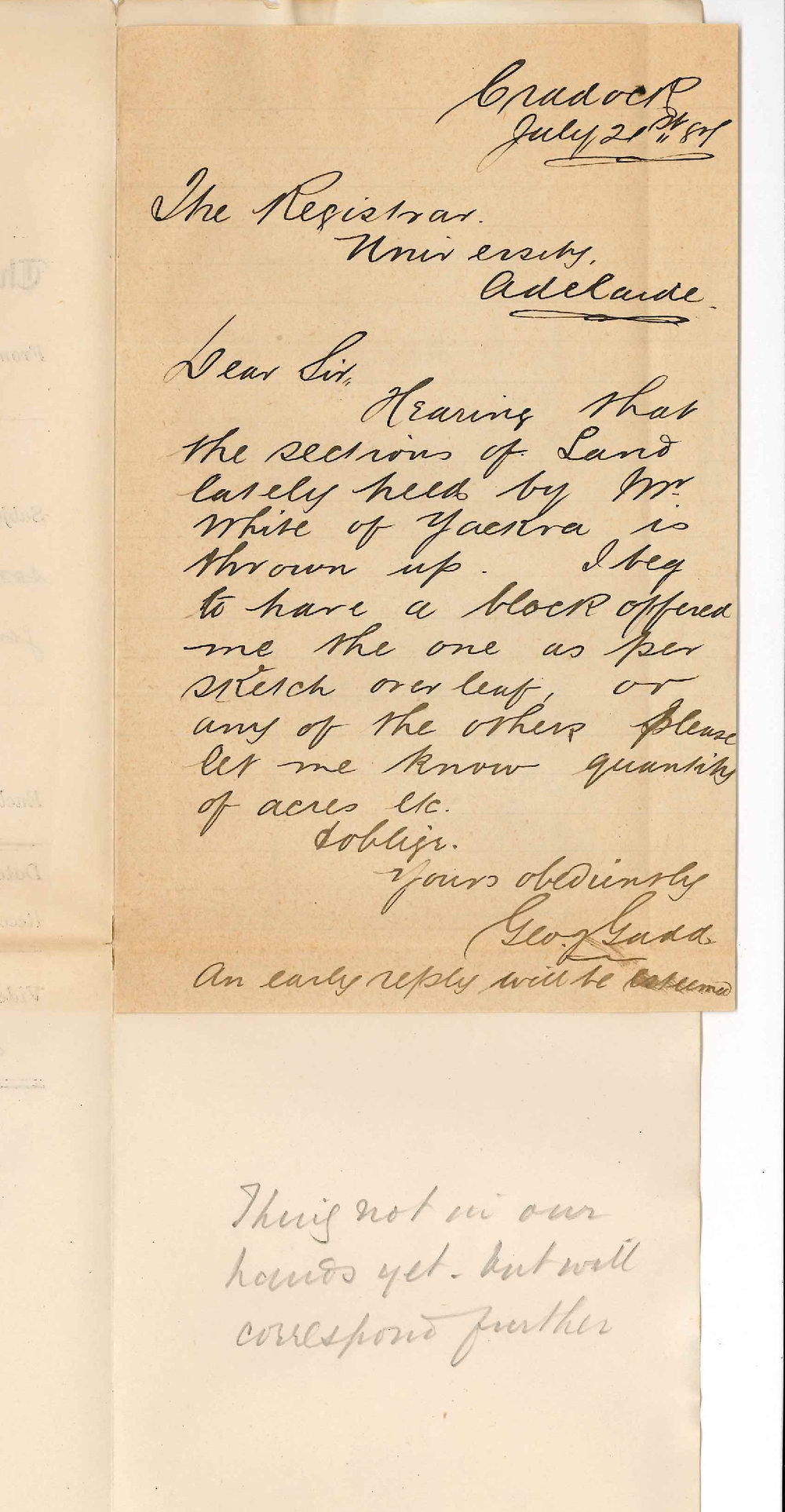George Gadd - Cradock - Offering to Take Some Wirreanda Land if Surrendered by J Whyte