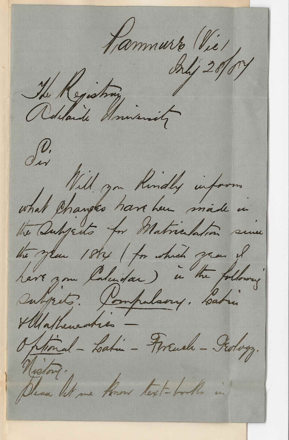 W G Williams - Victoria - Changes in Subjects for Matriculation Examination