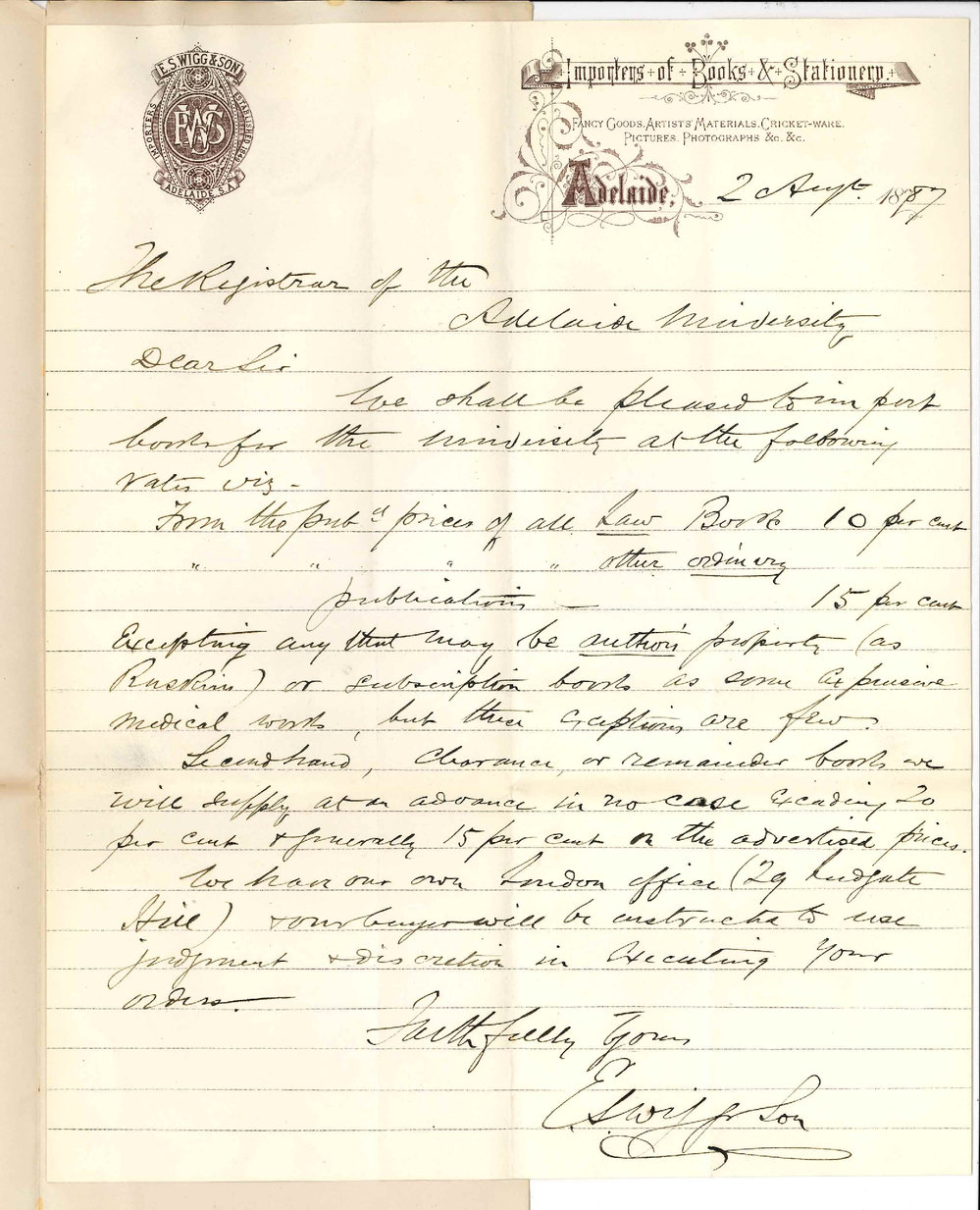 Messrs E S Wigg and Son - Rundle Street Adelaide - Importing Books for the University