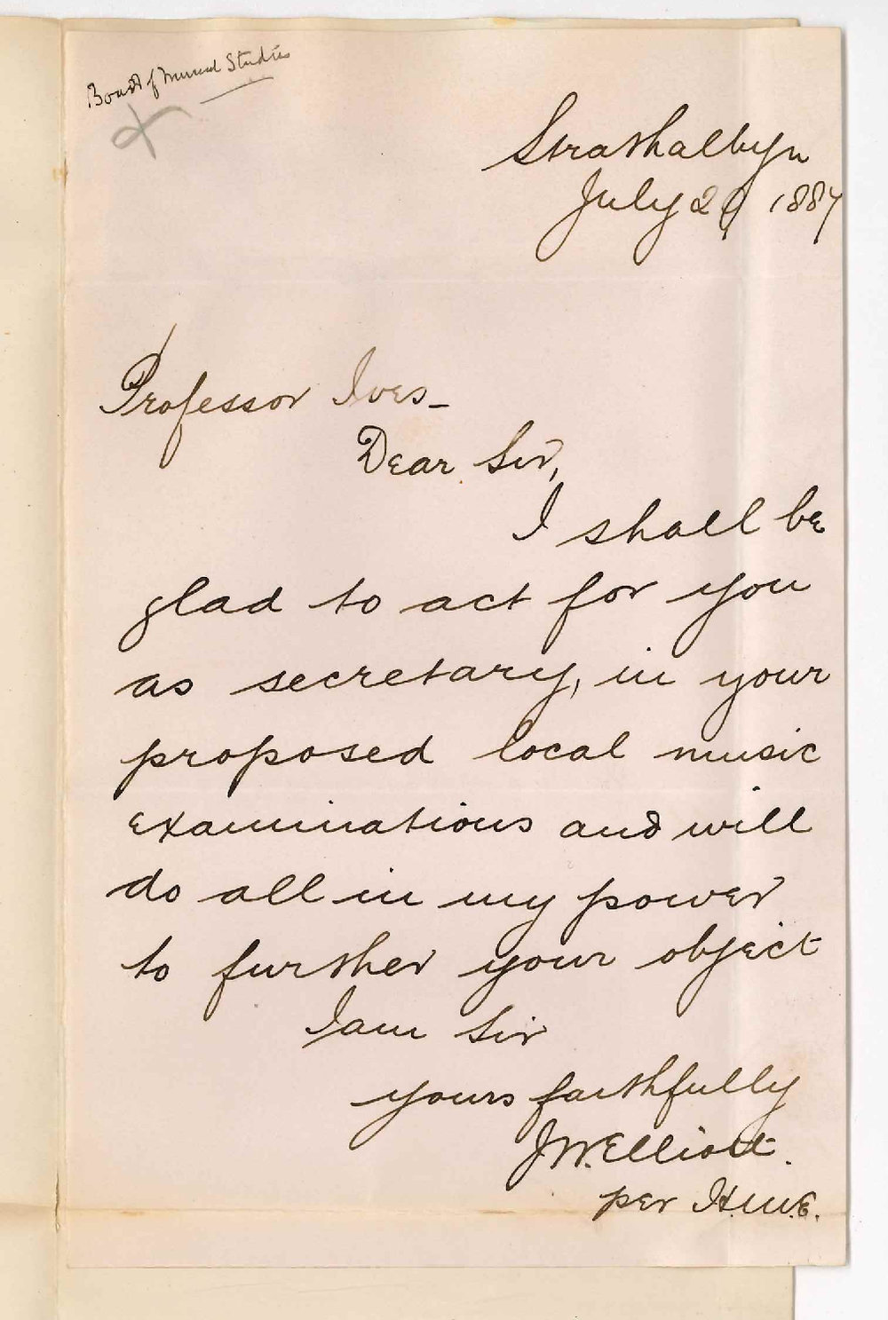 J W Elliott - Strathalbyn - Offers to Act as Secretary for Local Examinations in Music